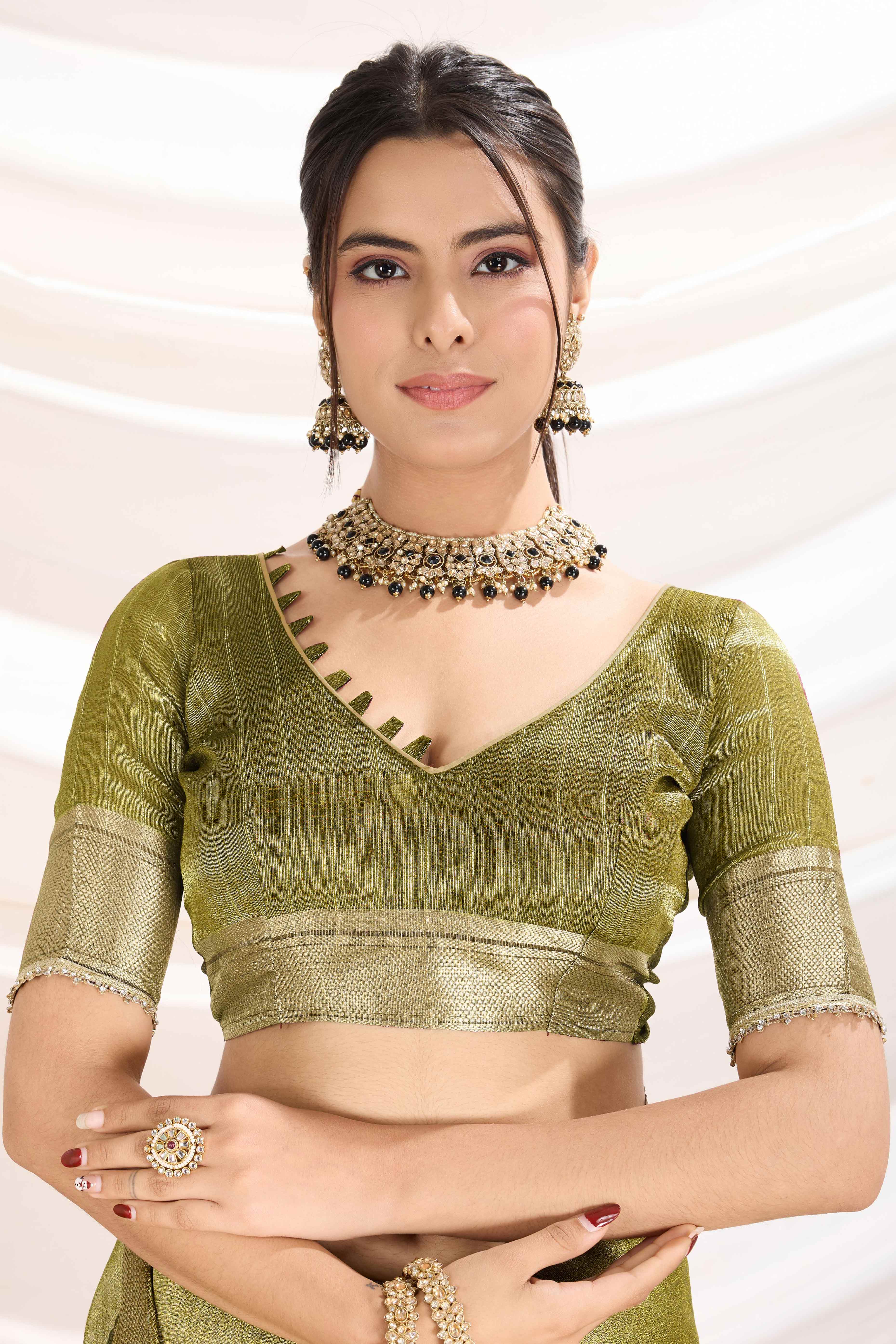 Green Solid Linen Tissue Saree With Weaving & Zarkan Lace Border