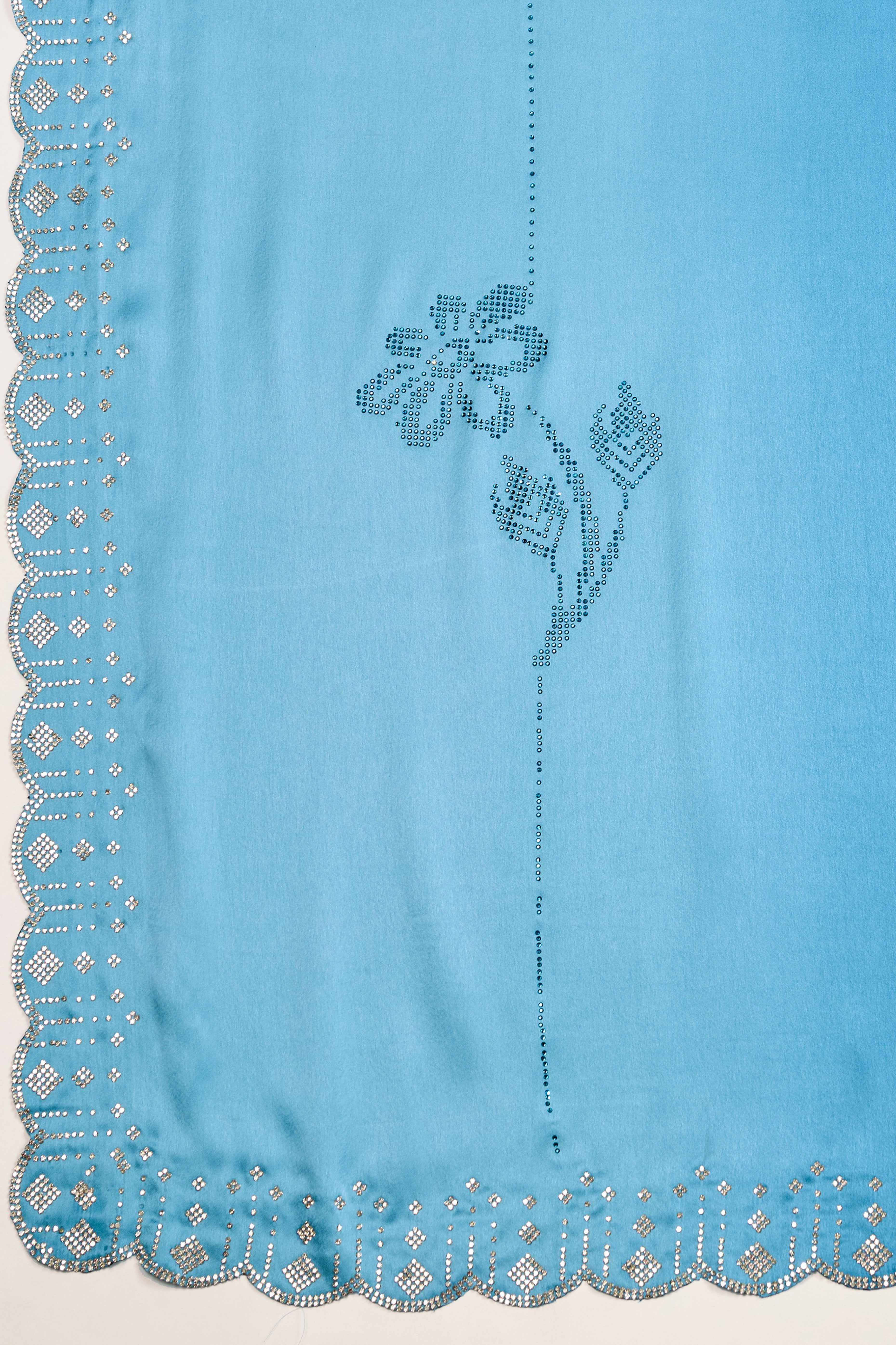 Morpich Blue Satin Ombre Saree Adorned With Rhinestone Crystal Handwork & Elegant Scalloped Border