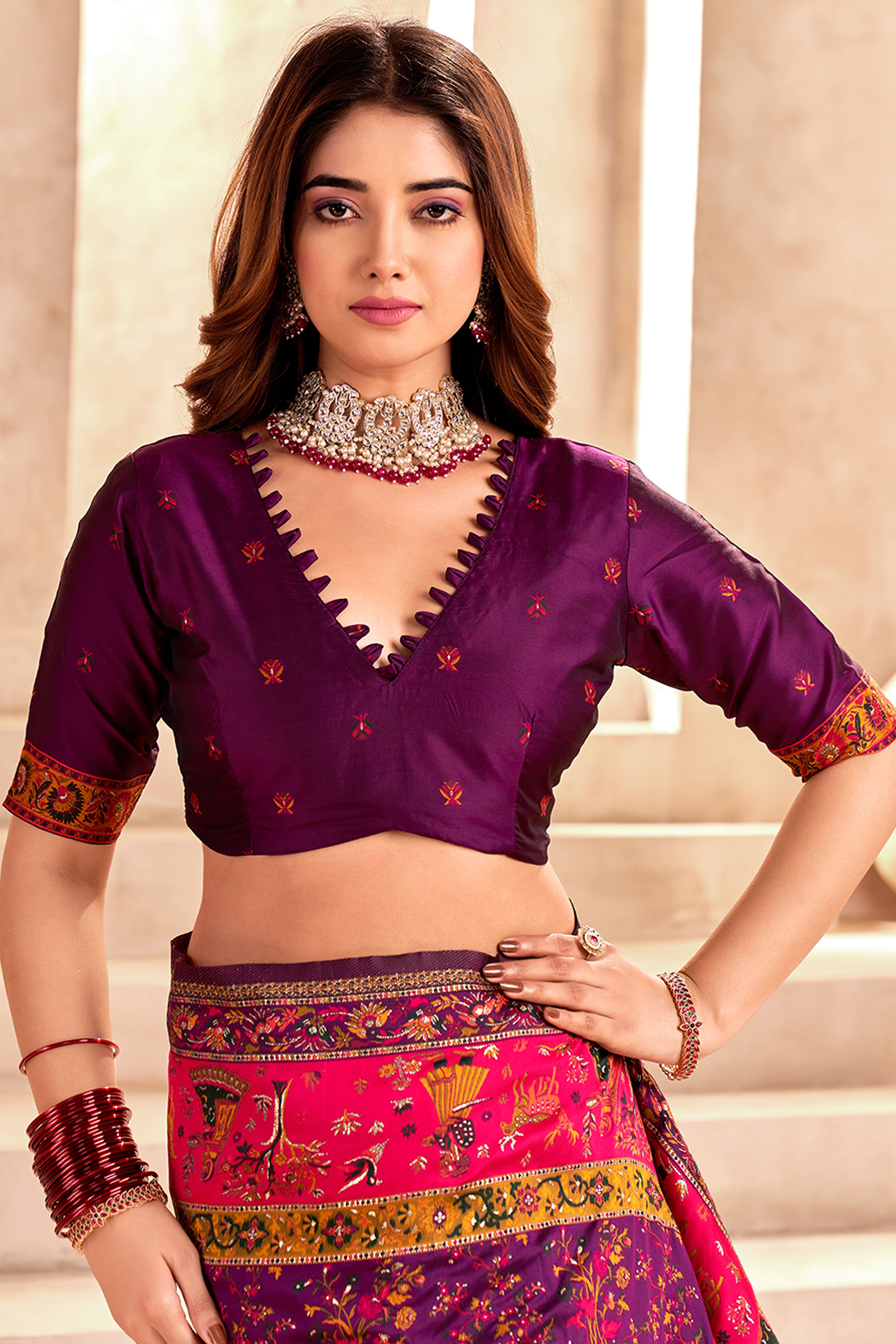 Traditional Wine Rajwadi Weaving Pashmina Silk Saree With Kashmiri Pallu & Elegant Zari Border