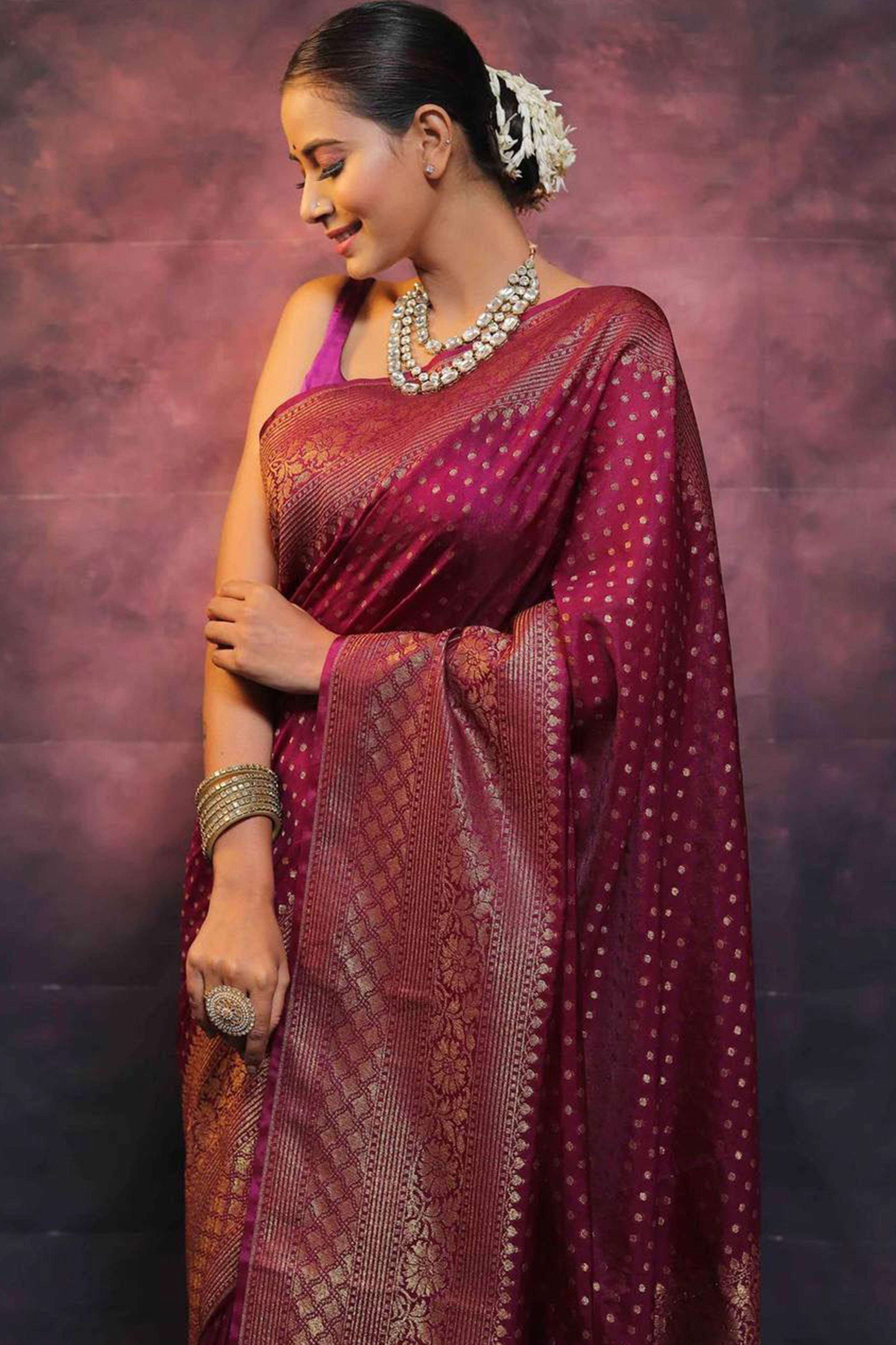 Wine Floral Woven Lichi Banarasi Silk Saree