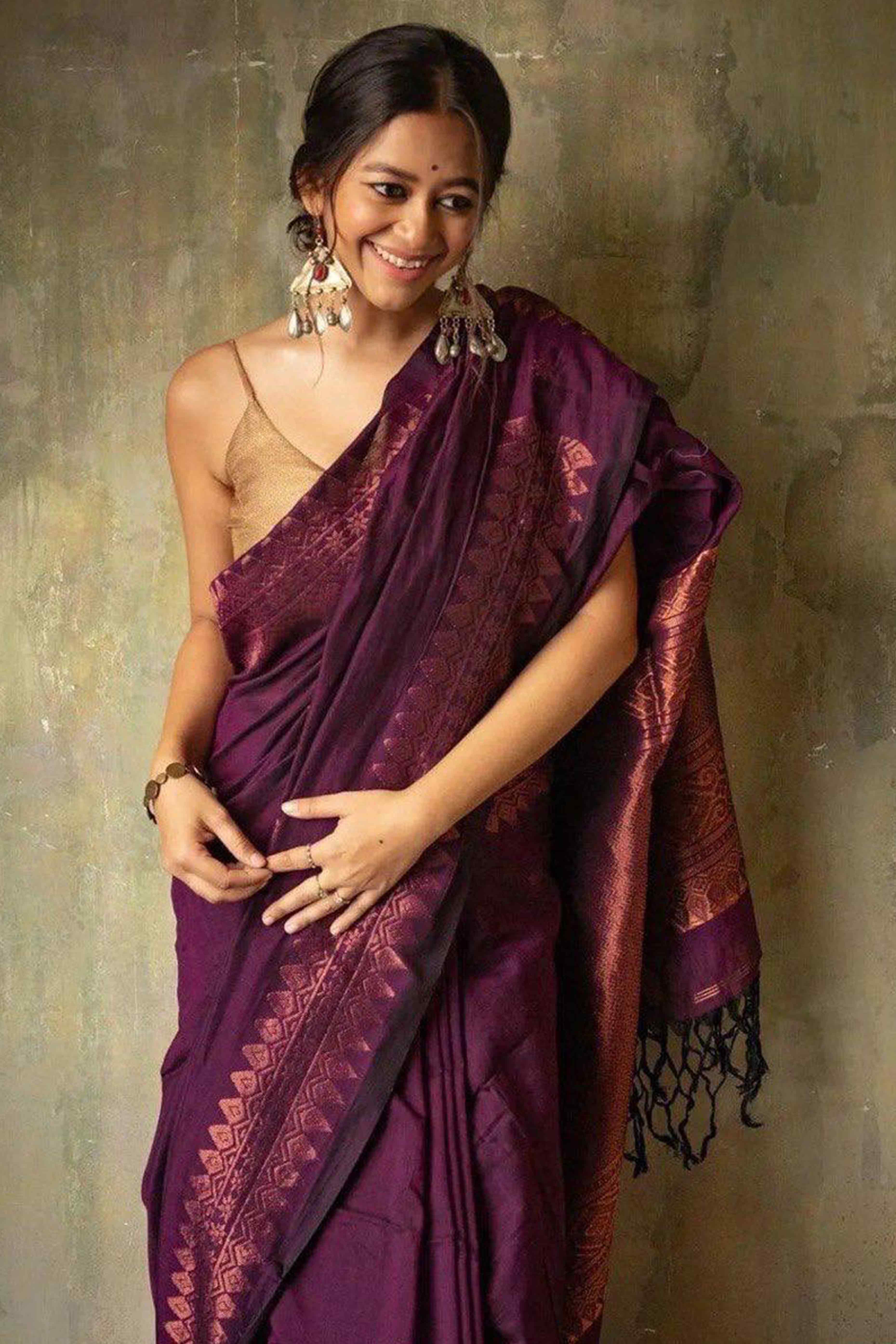 Wine Floral Woven Lichi Banarasi Silk Saree