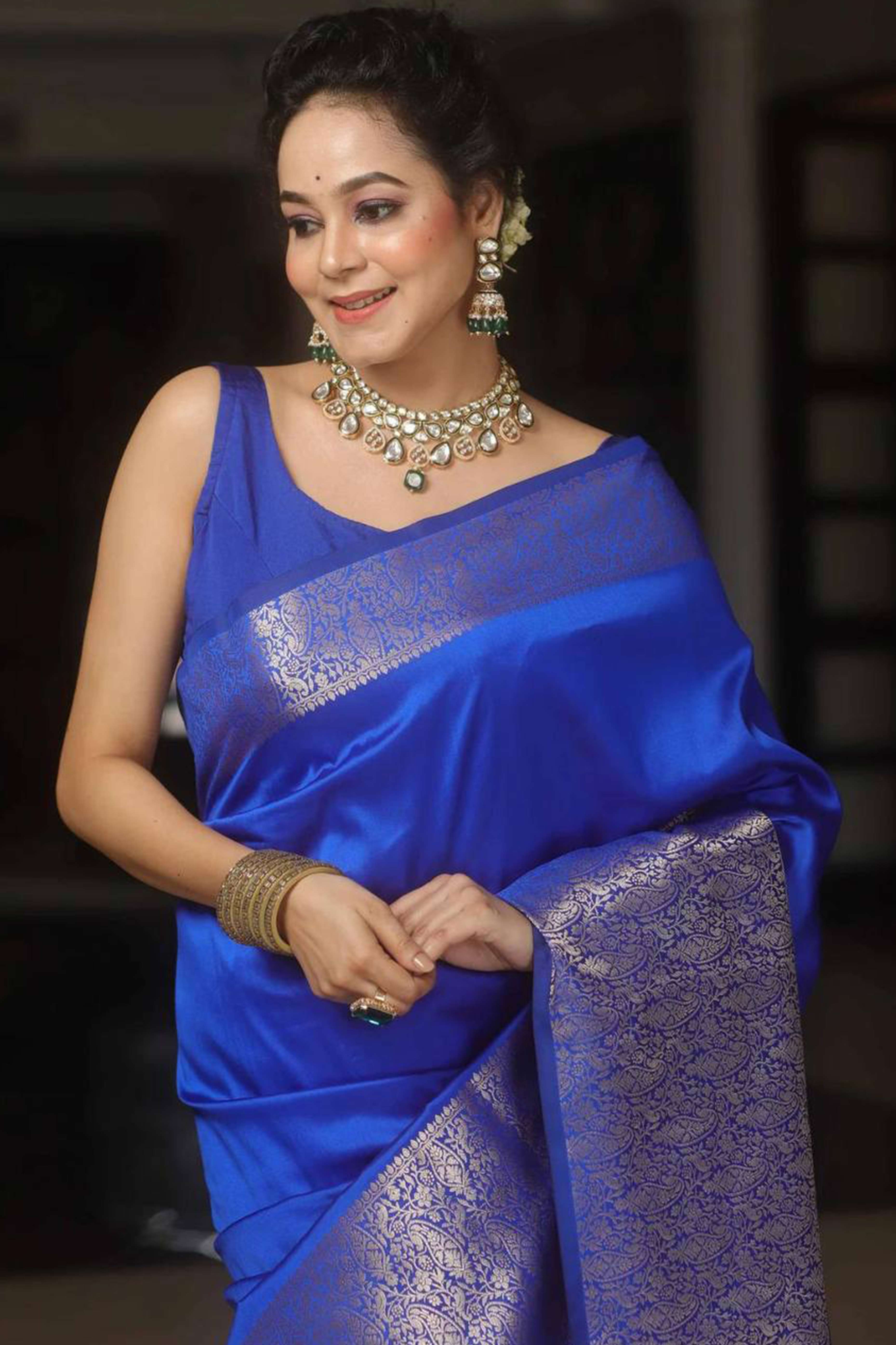 Blue Floral Woven Border Lichi Banarasi Silk Saree