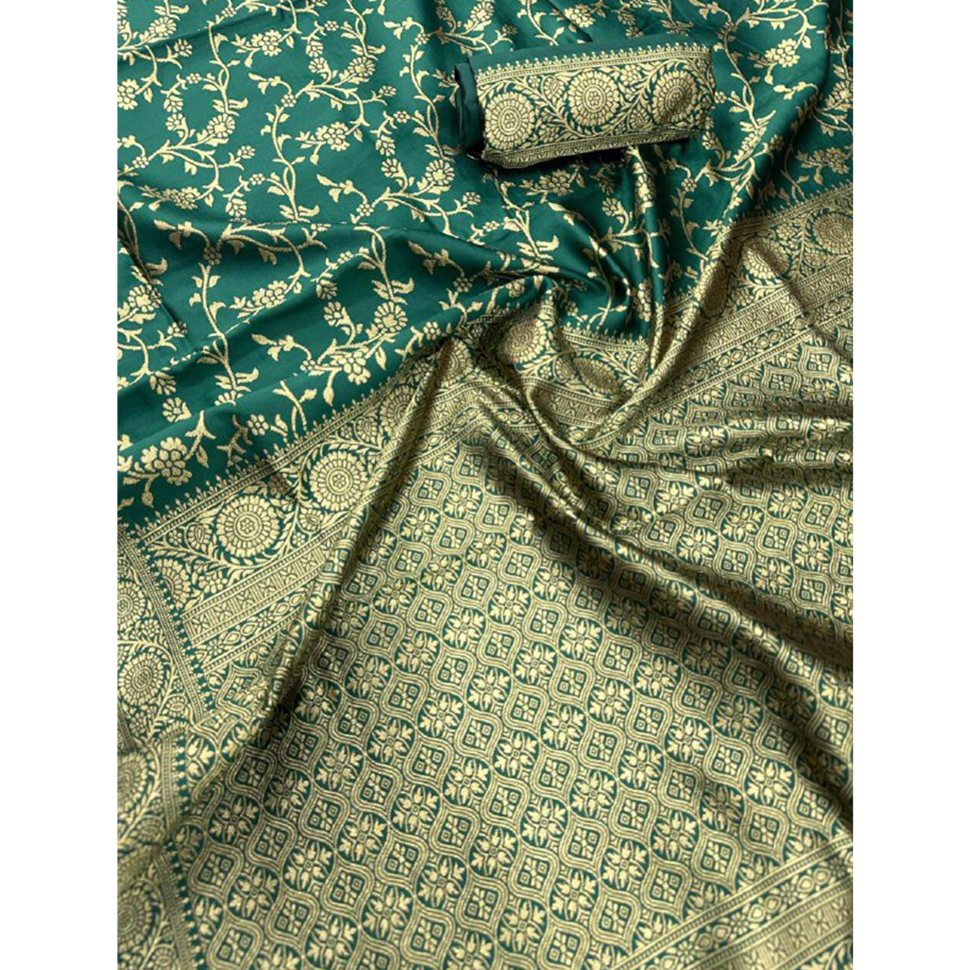Green Saree in Pure Banarasi Silk with Artistically Woven Floral Zari Accents