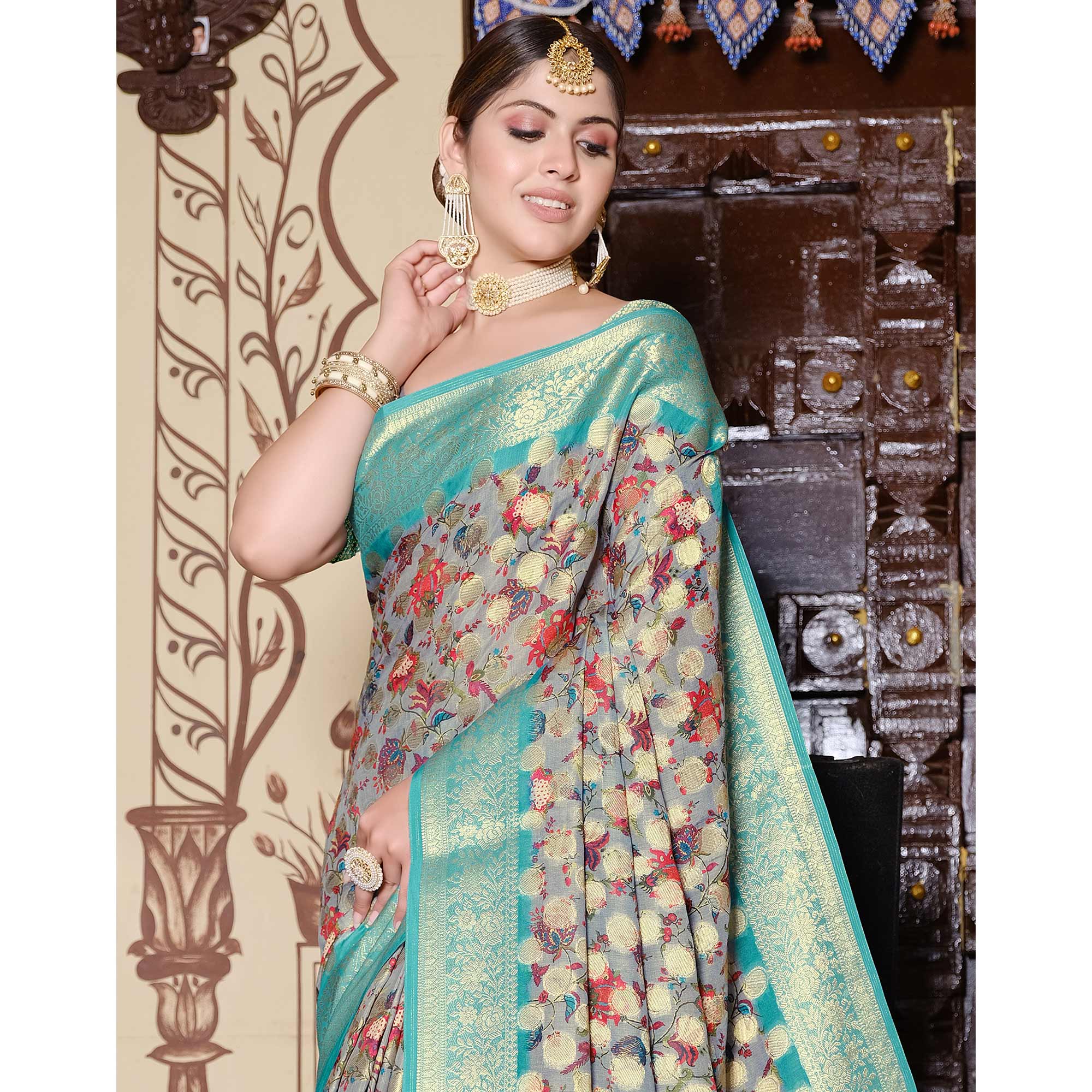 Grey & Turquoise Floral Printed Pure Cotton Saree