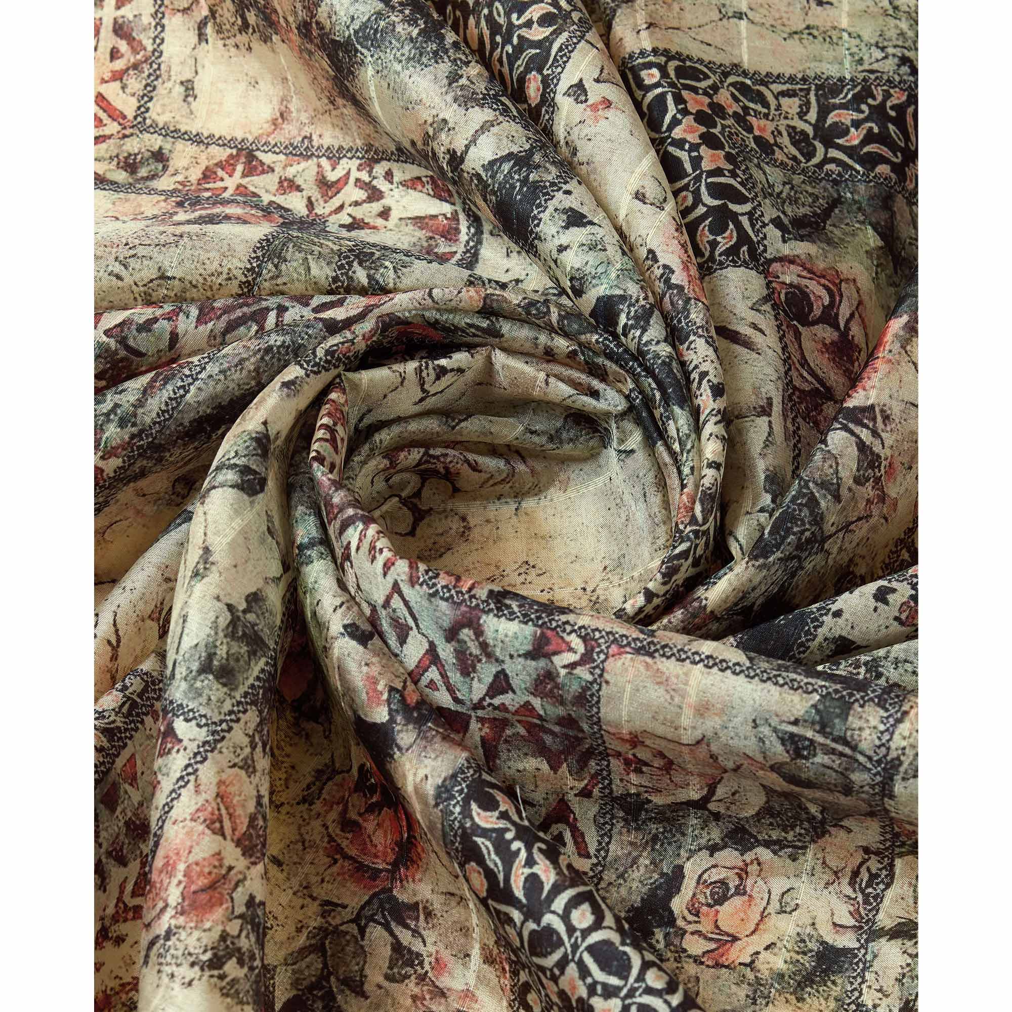 Beige Digital Printed Cotton Silk Saree With Border