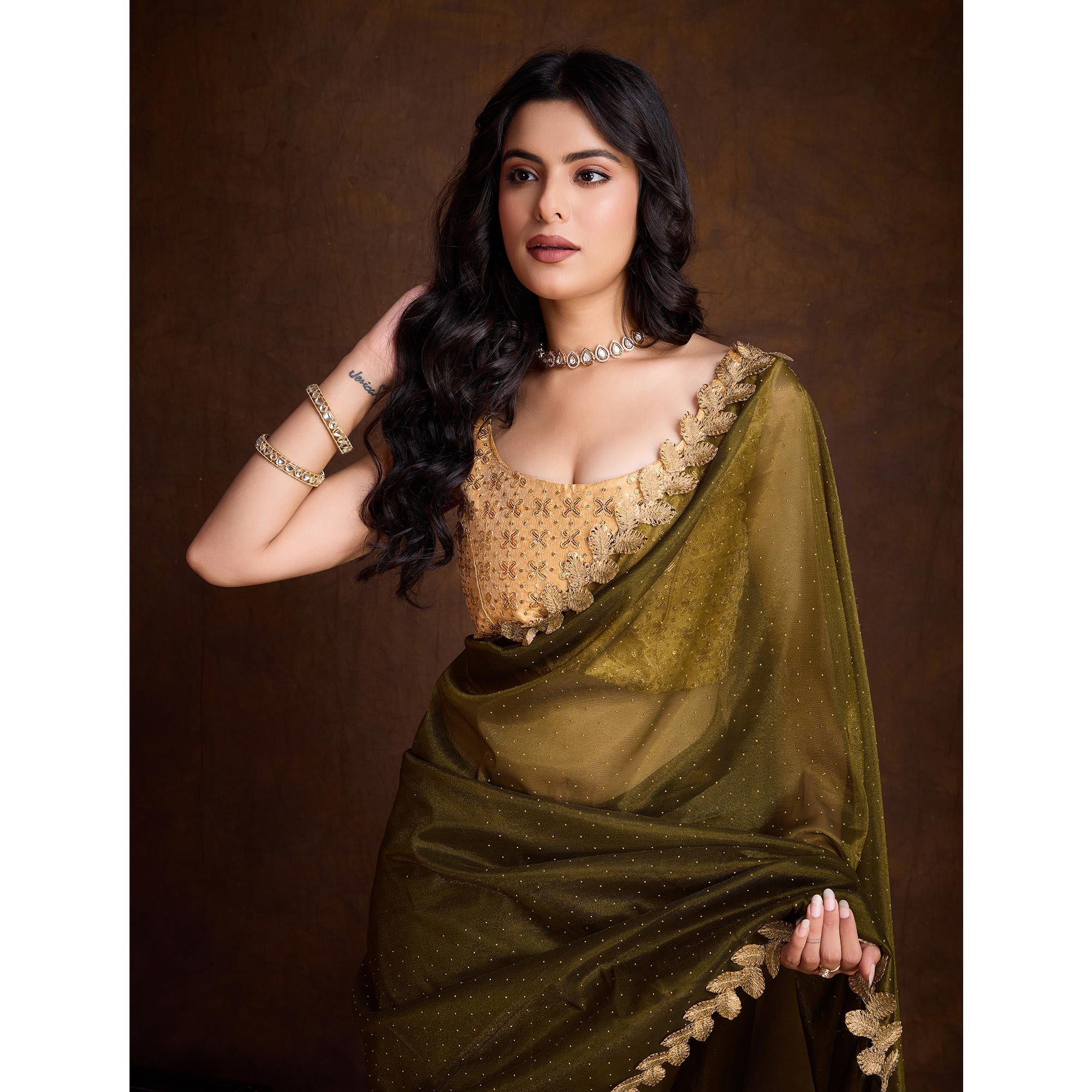 Mehandi Green Swarovski Work Shimmer Net Saree