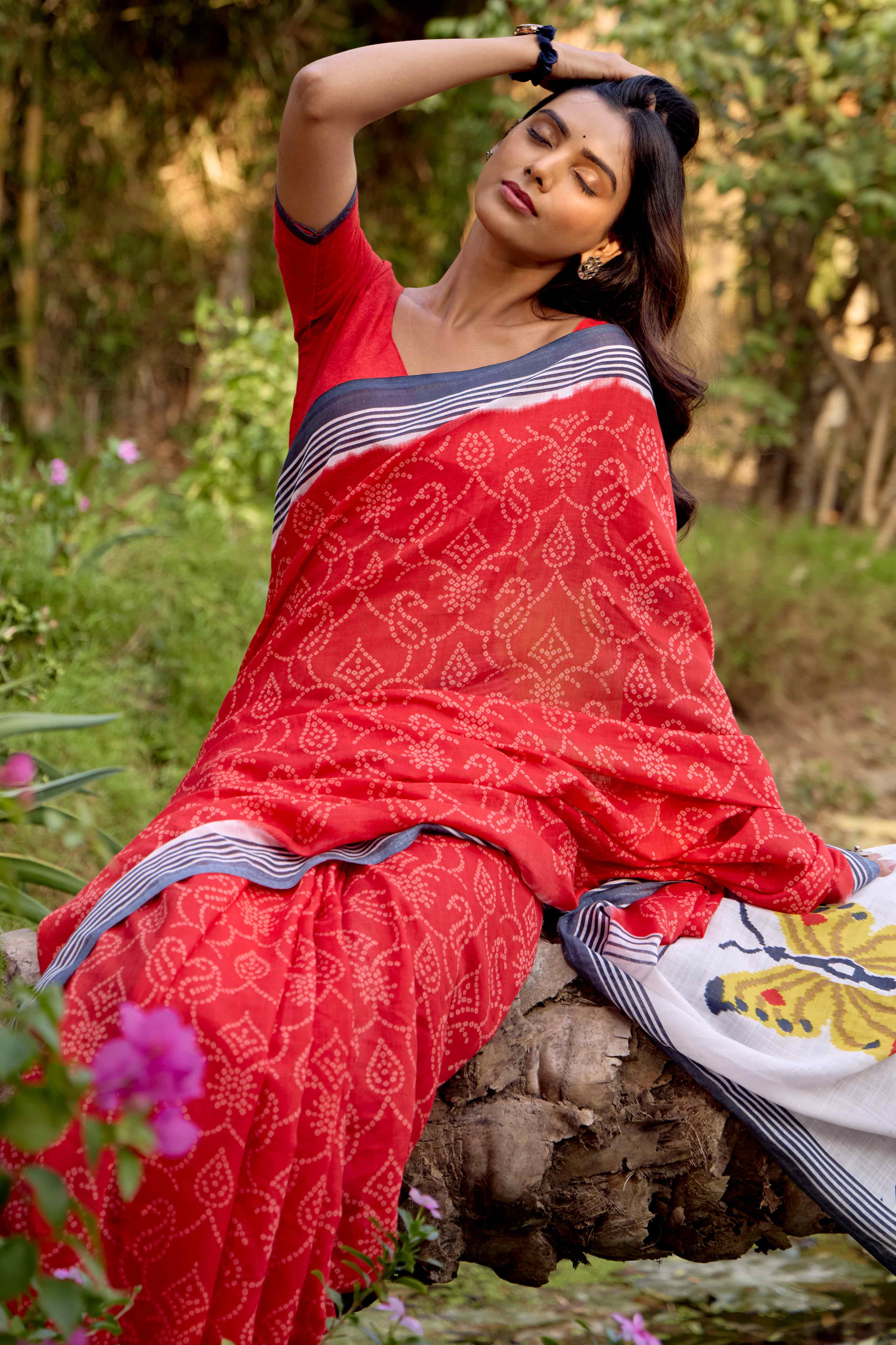 Red Bandhani Printed Linen Saree