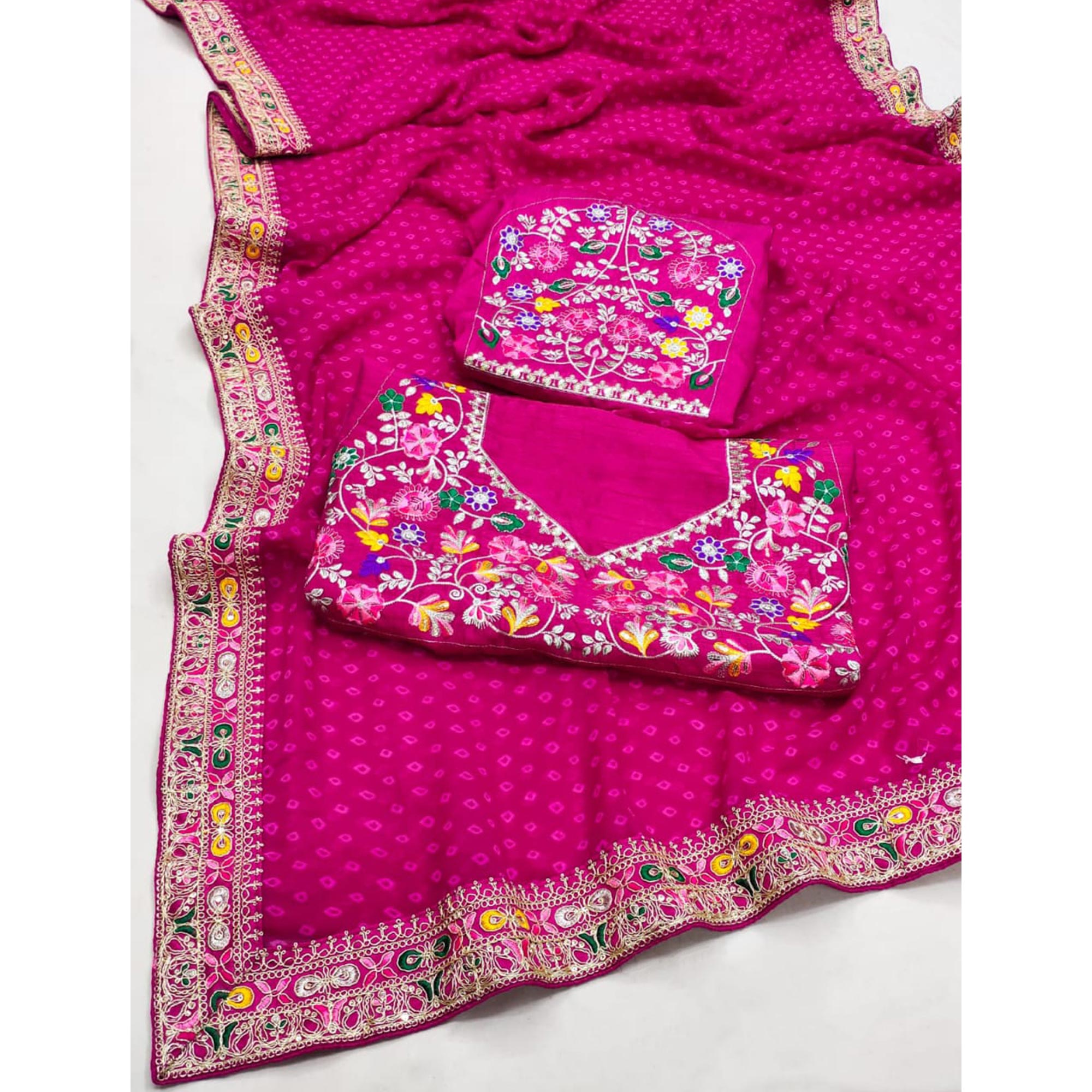 Pink Bandhani Printed Georgette Saree With Embroidered Border