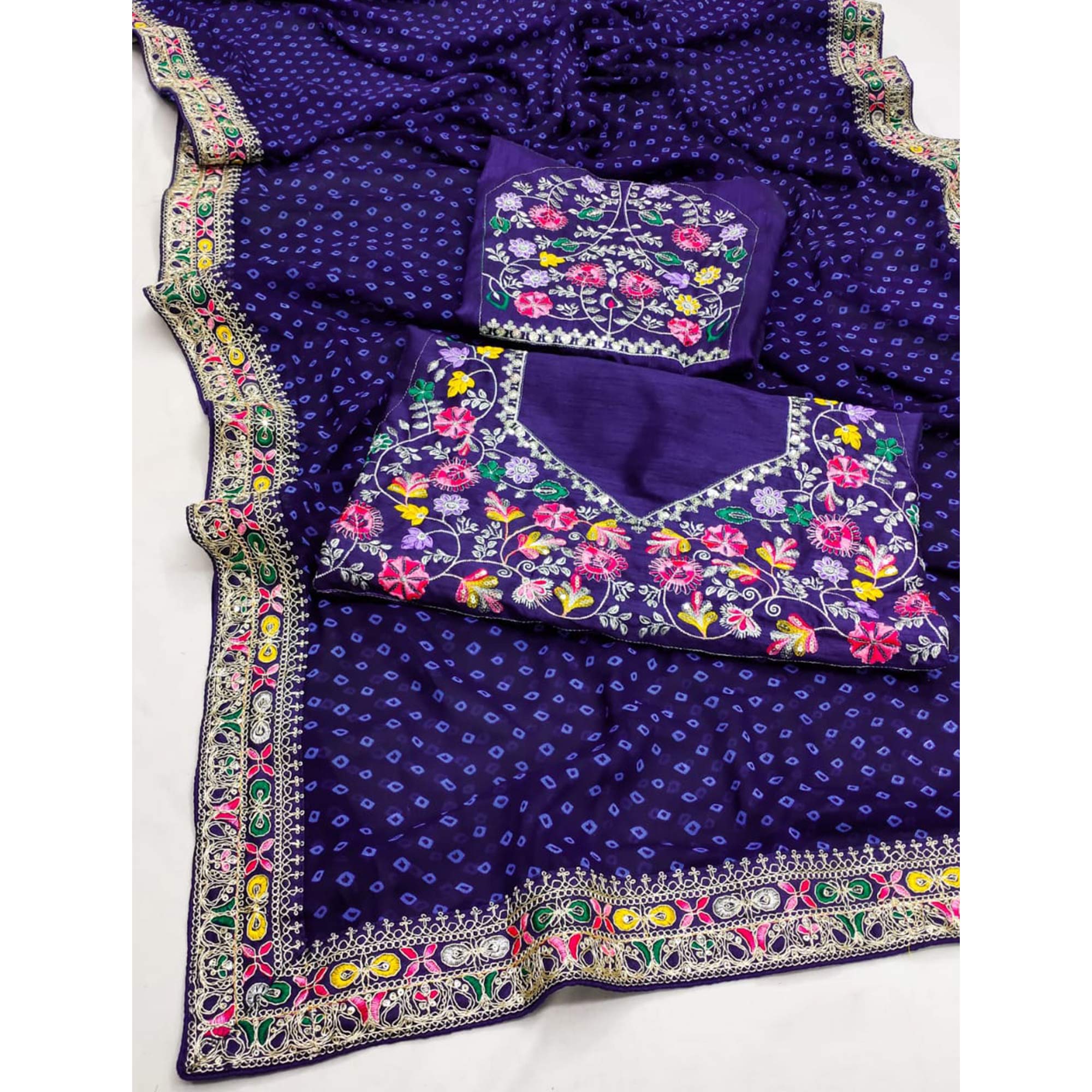 Blue Bandhani Printed Georgette Saree With Embroidered Border