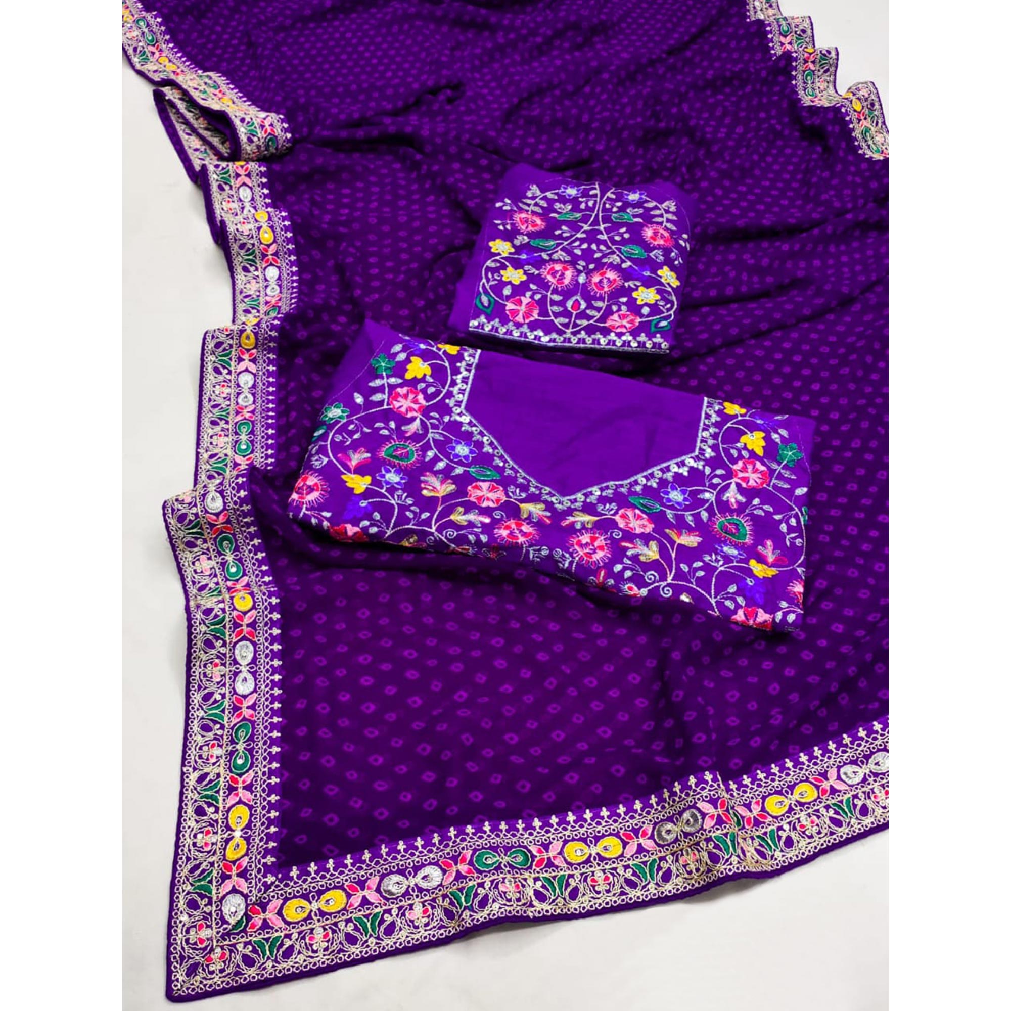 Purple Bandhani Printed Georgette Saree With Embroidered Border