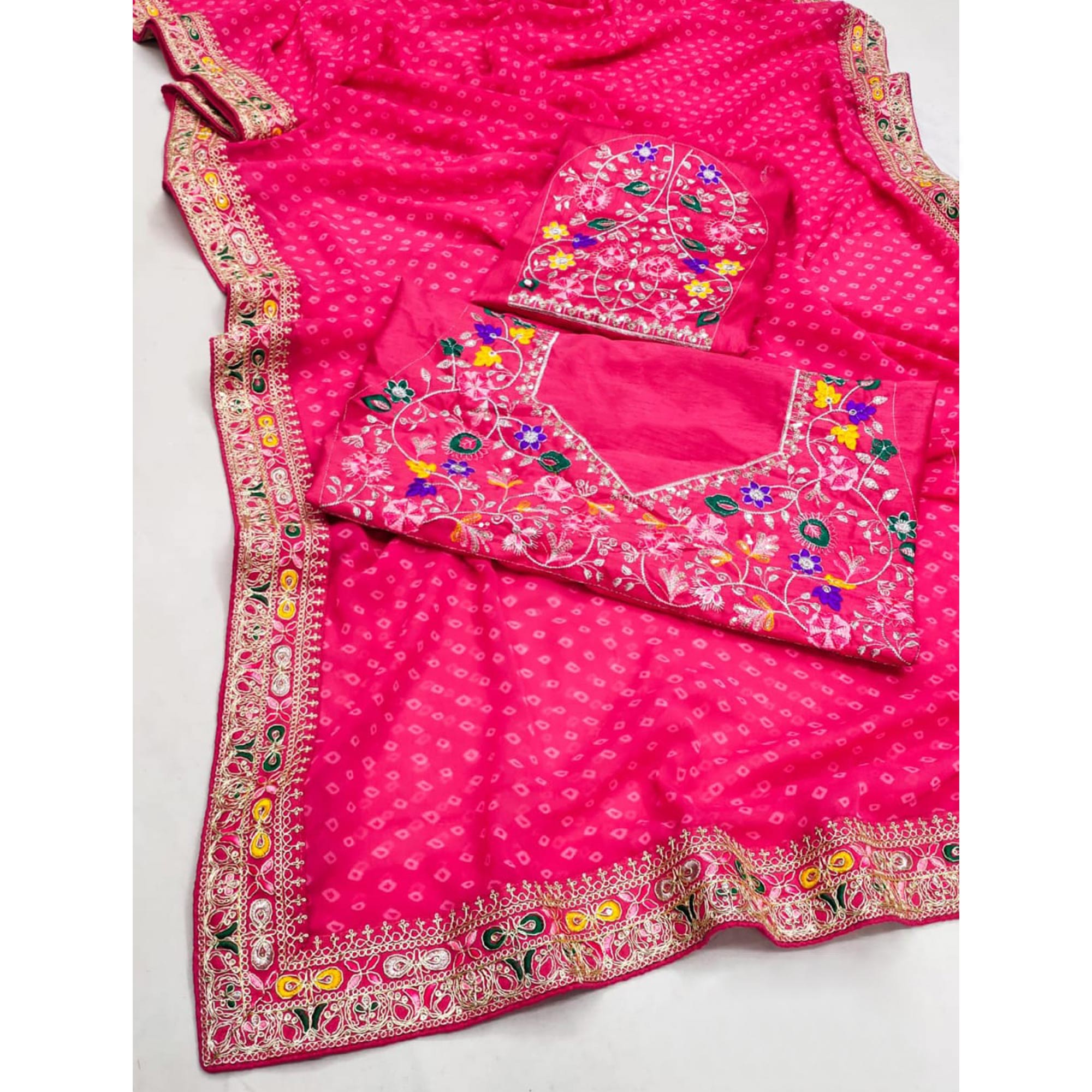 Gajri Pink Bandhani Printed Georgette Saree With Embroidered Border