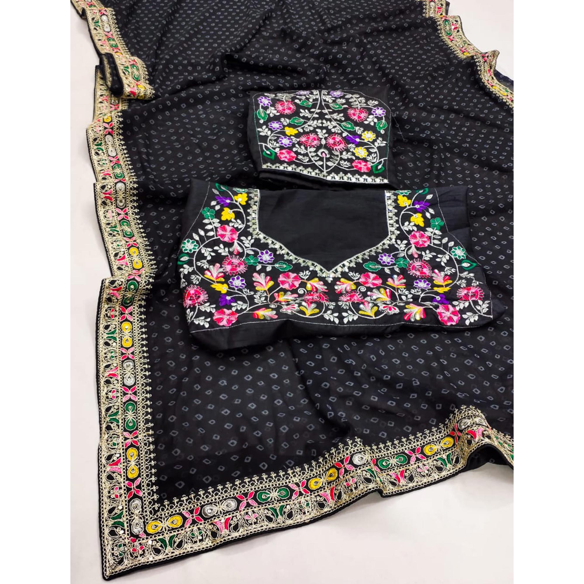 Black Bandhani Printed Georgette Saree With Embroidered Border