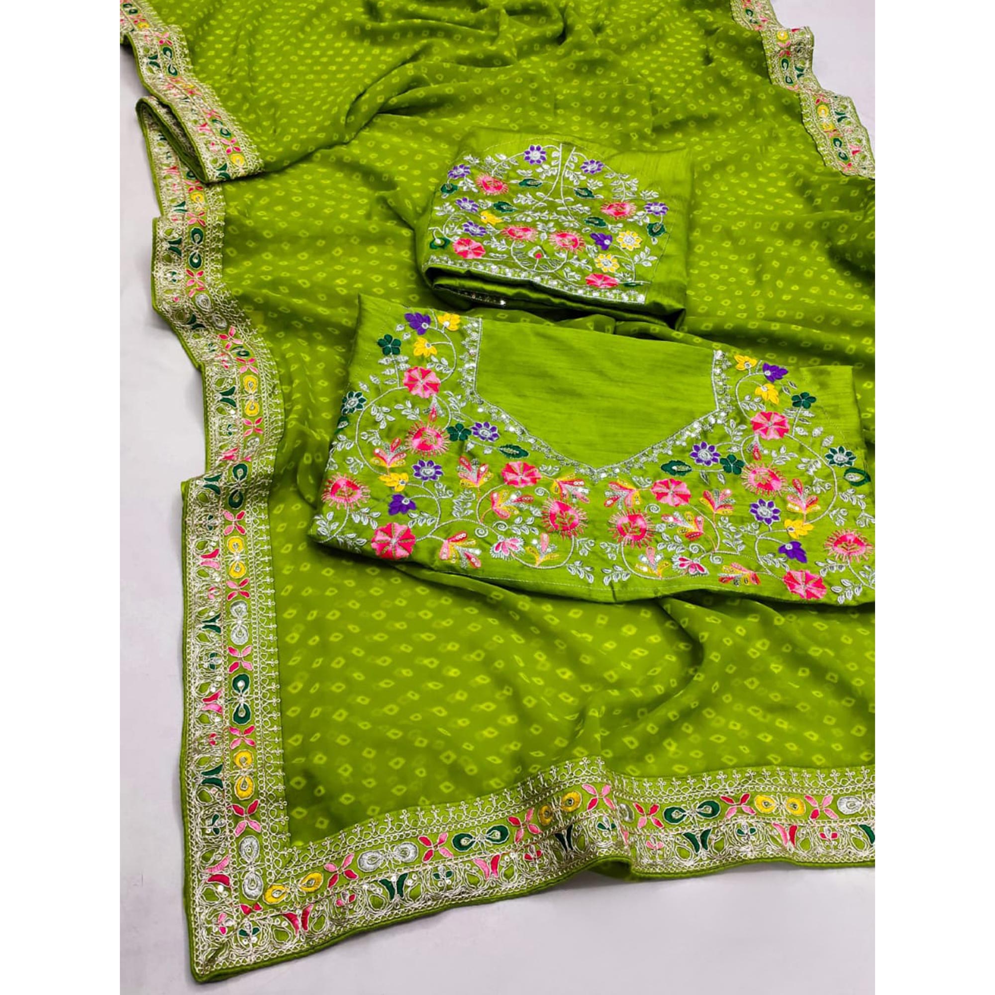 Green Bandhani Printed Georgette Saree With Embroidered Border