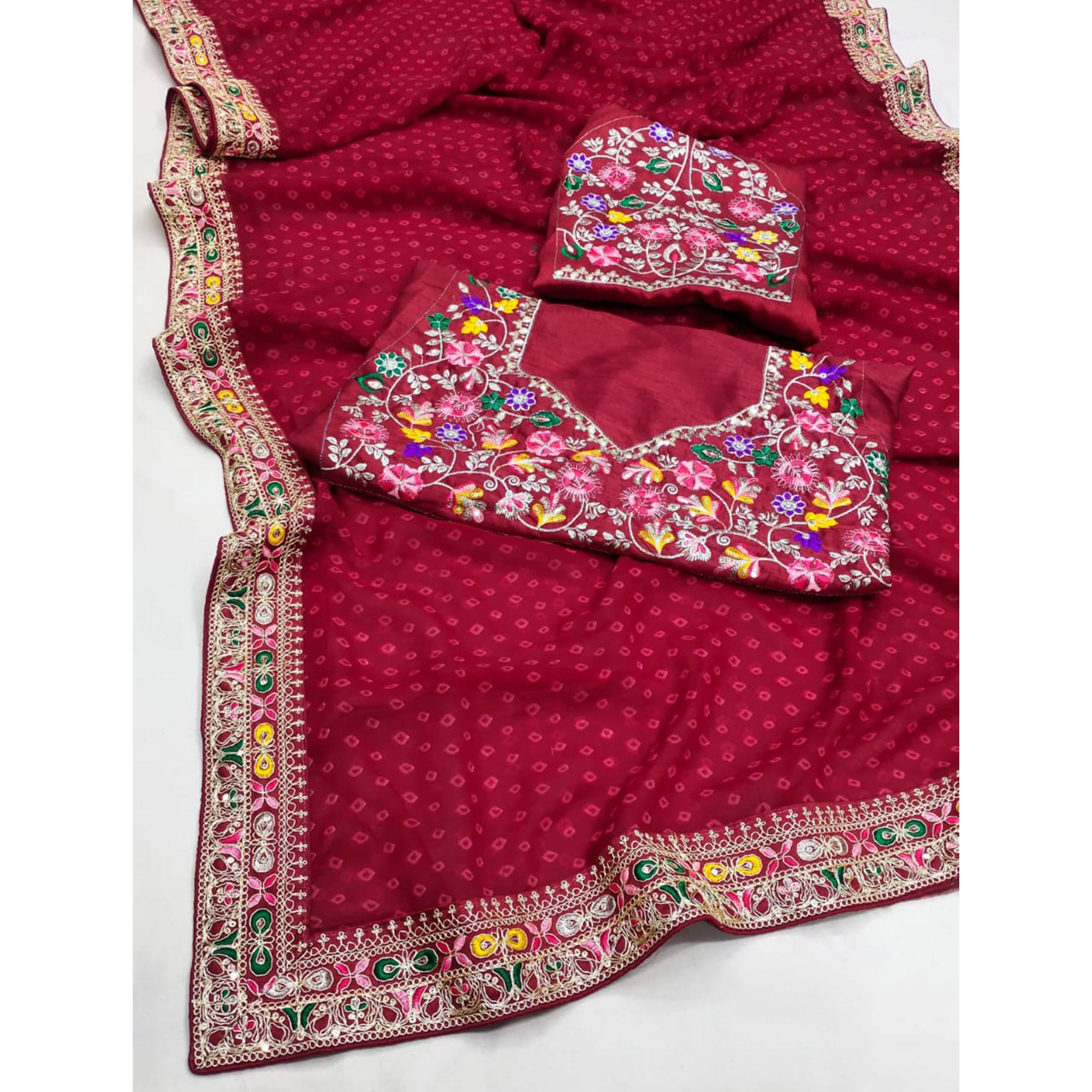 Maroon Bandhani Printed Georgette Saree With Embroidered Border