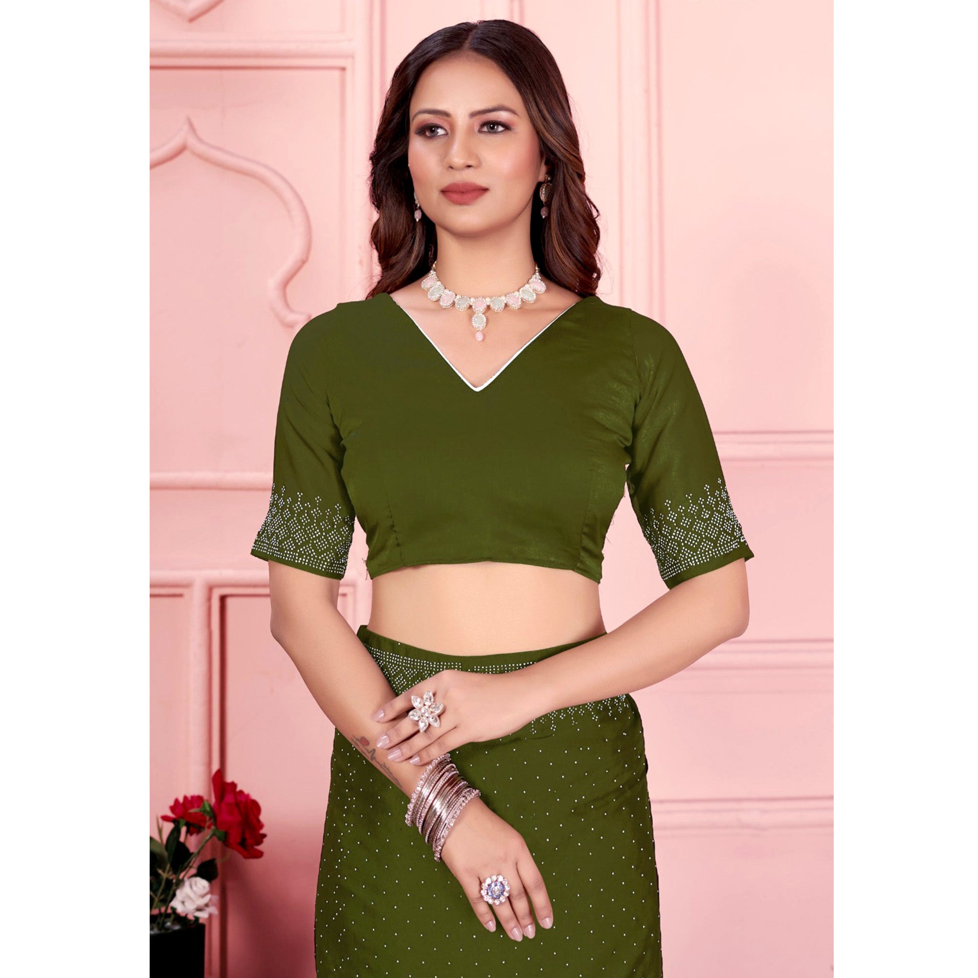 Mehendi Green Swarovski Work Satin Saree