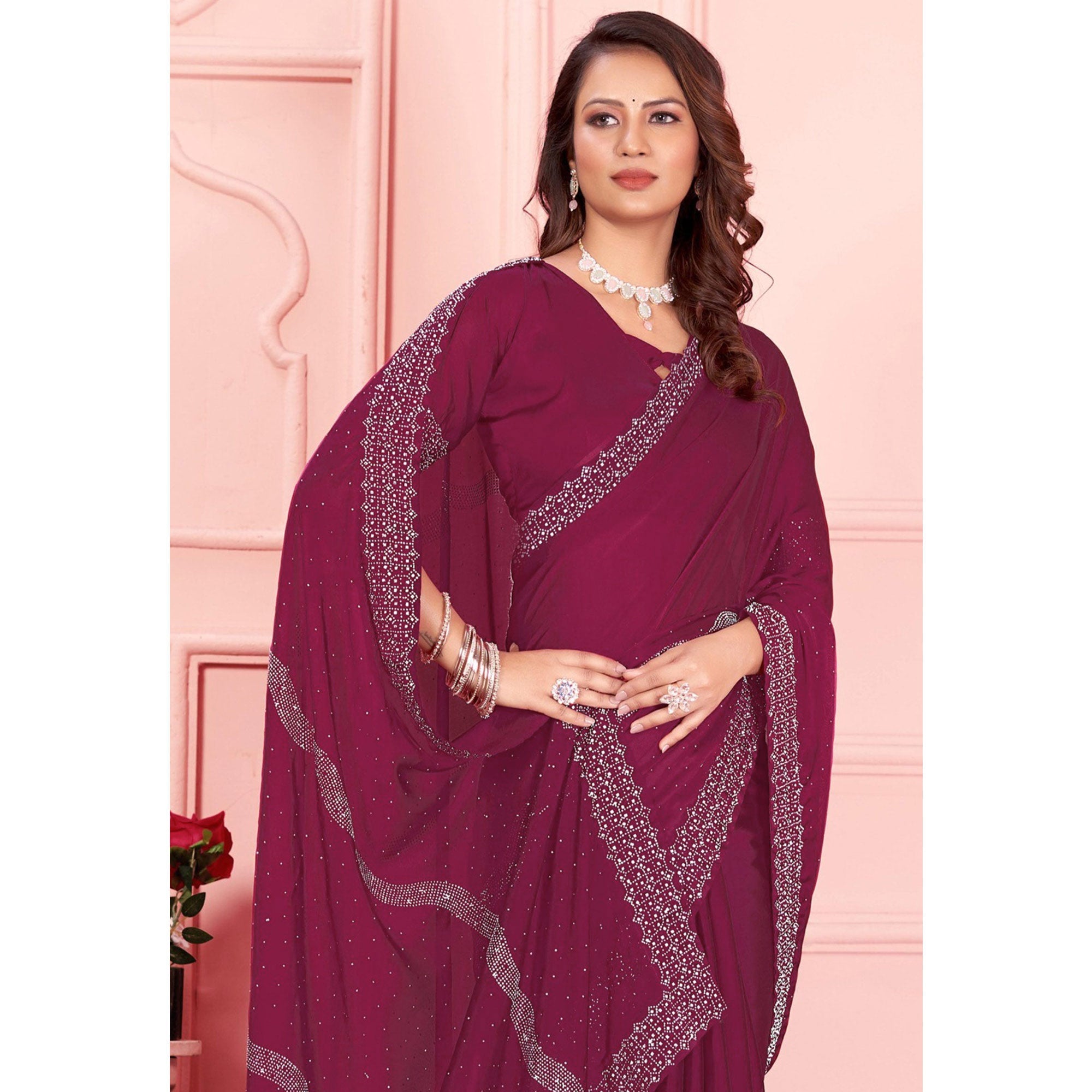 Rani Pink Swarovski Work Satin Saree