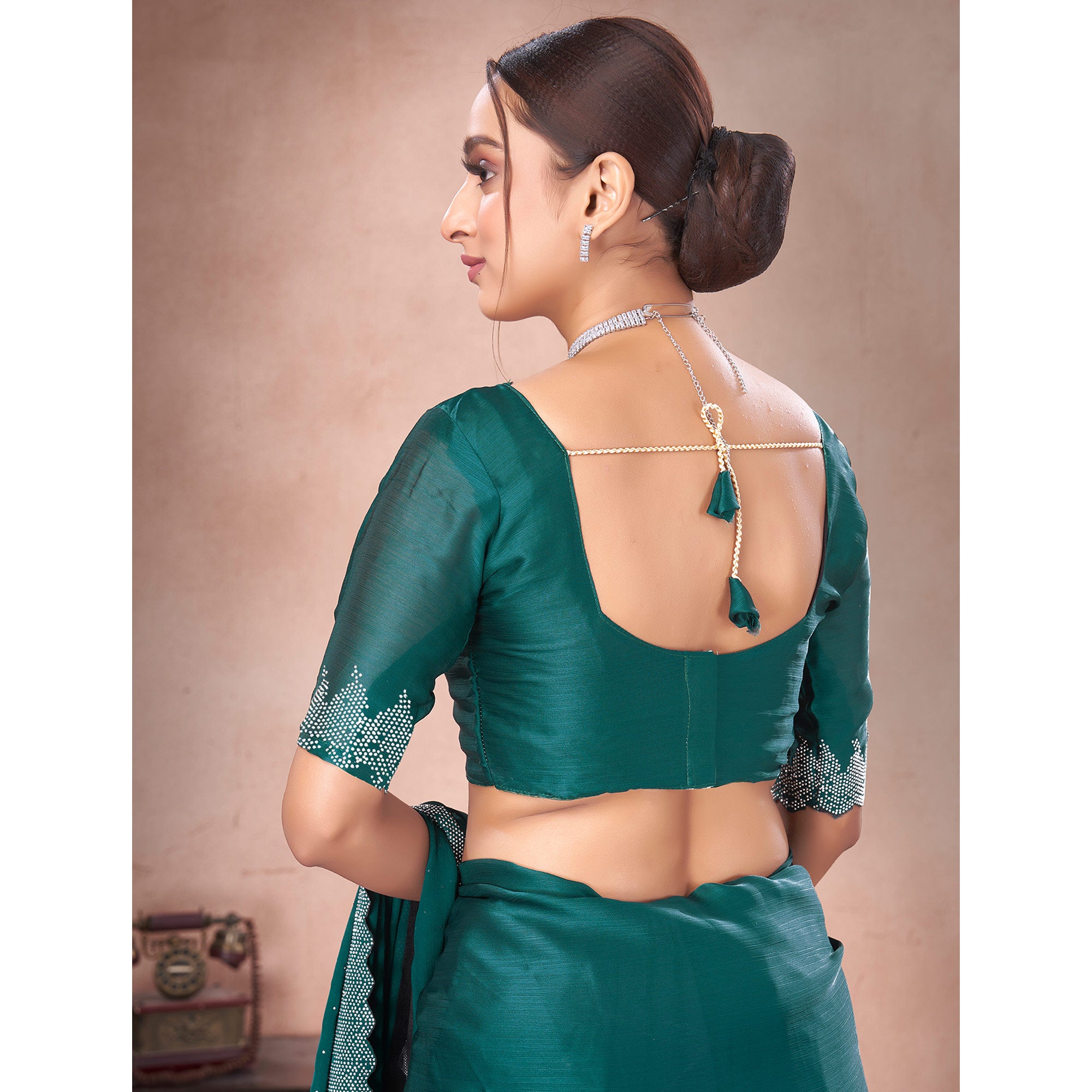 Rama Green Swarovski Work Satin Saree
