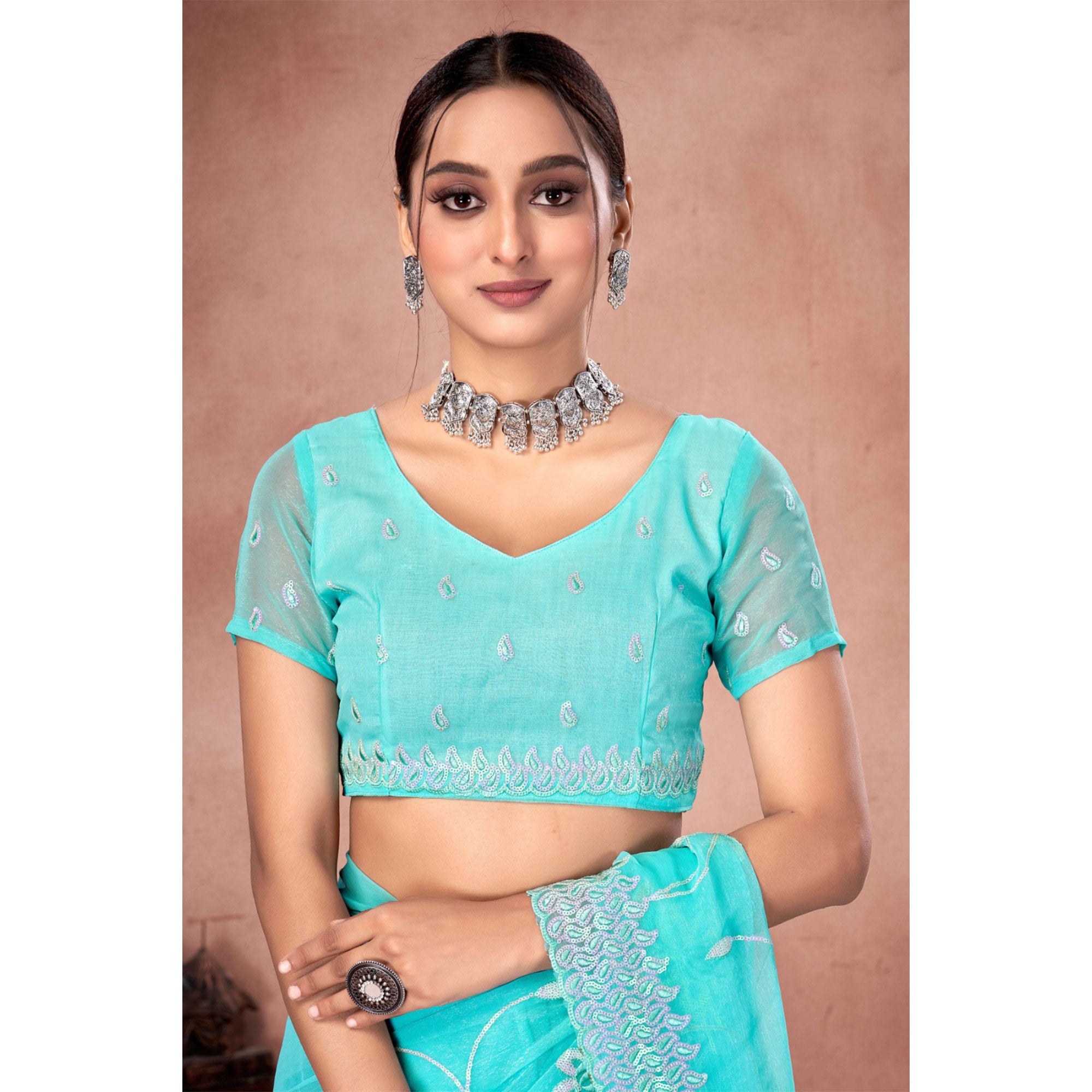 Blue Floral Sequins Embroidered Chiffon Saree