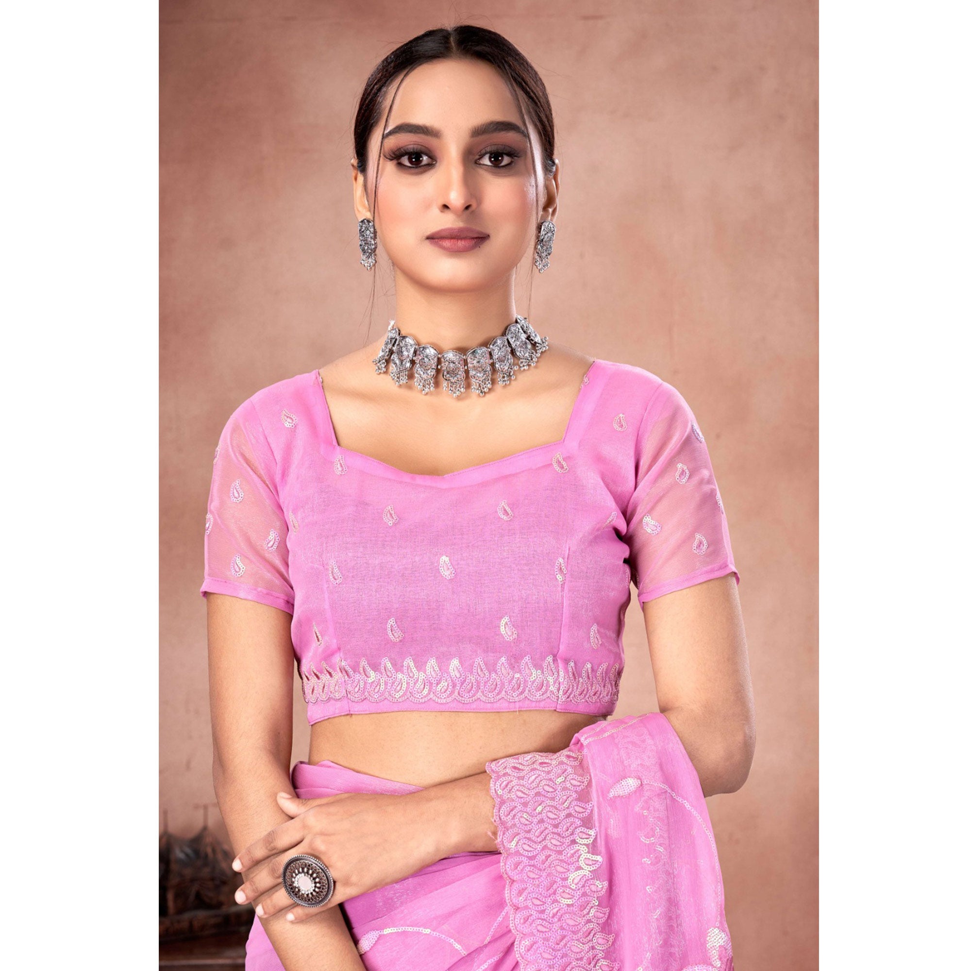 Pink Floral Sequins Embroidered Chiffon Saree