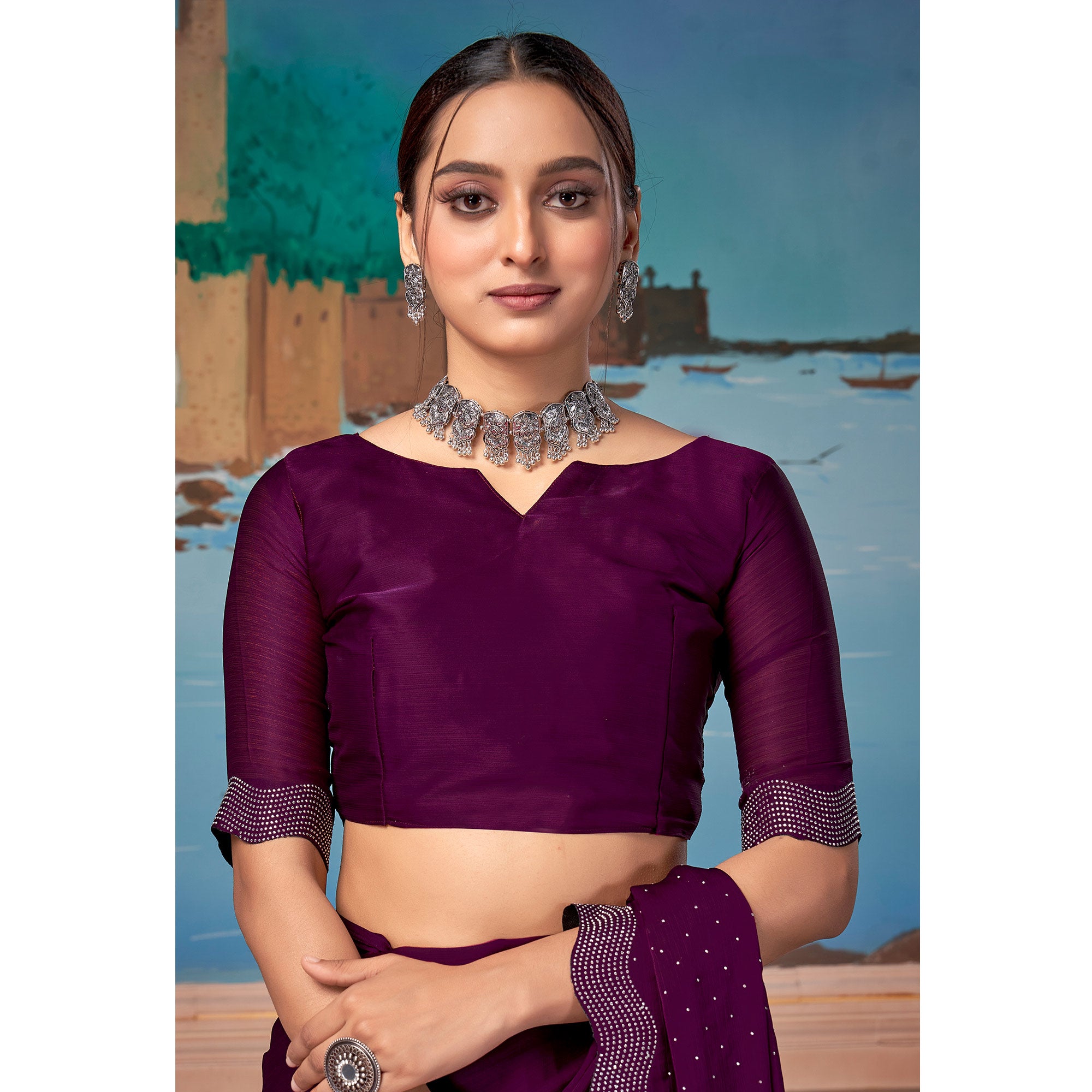 Wine Swarovski Work Satin Saree