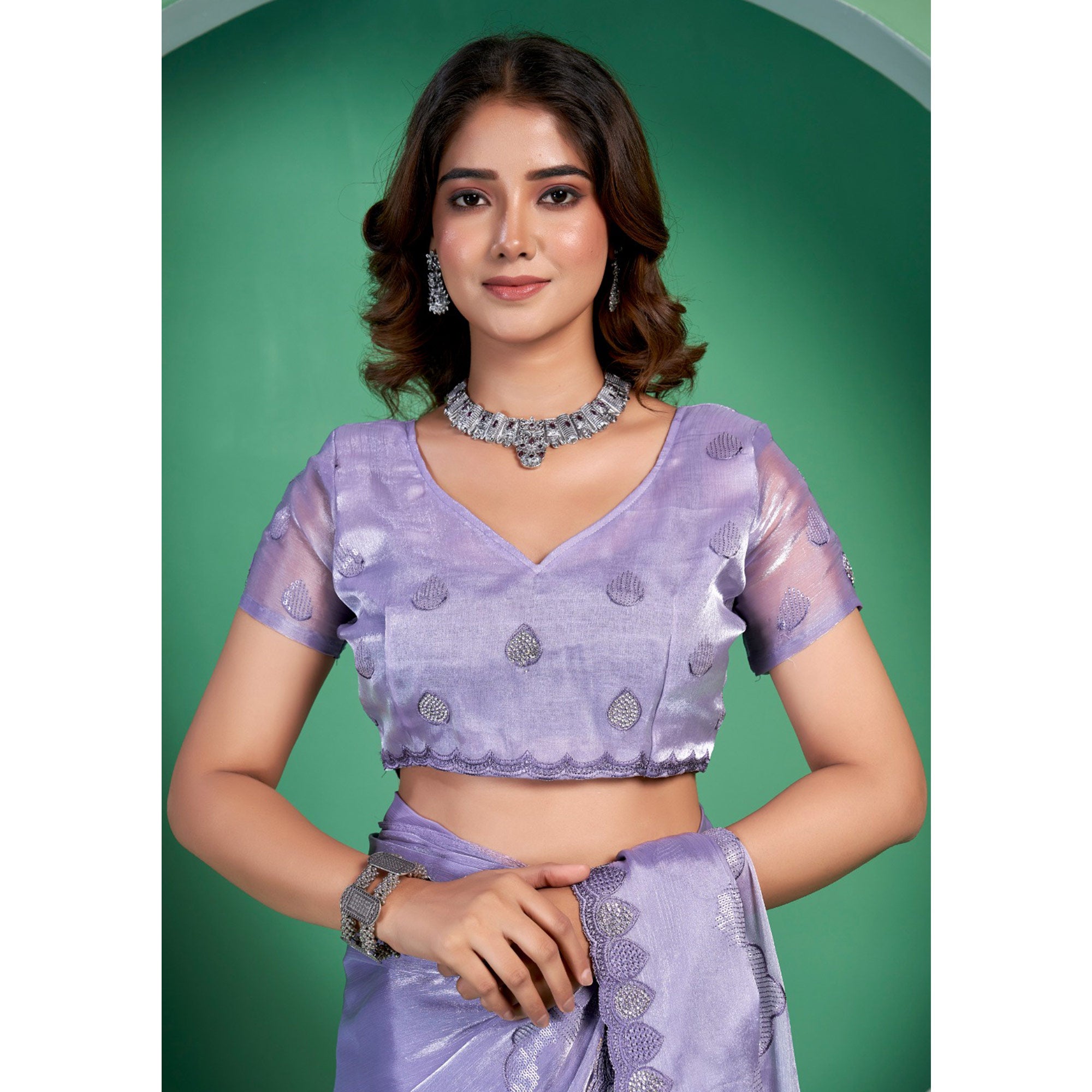 Purple Sequins Embroidered Chiffon Saree With Diamond Border