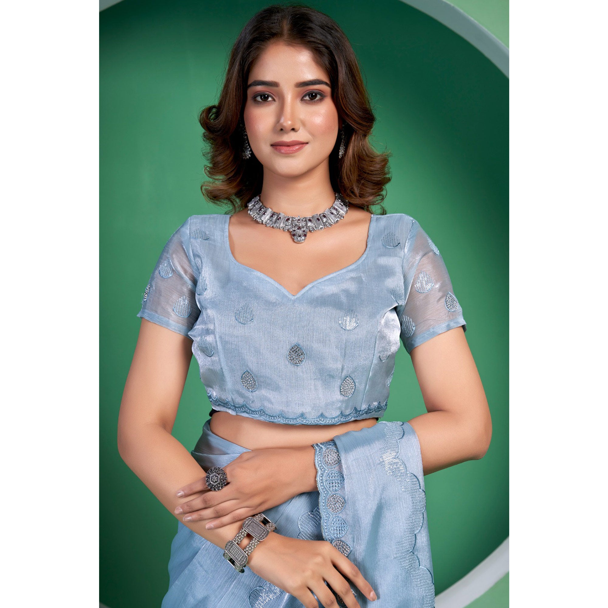 Blue Sequins Embroidered Chiffon Saree With Diamond Border
