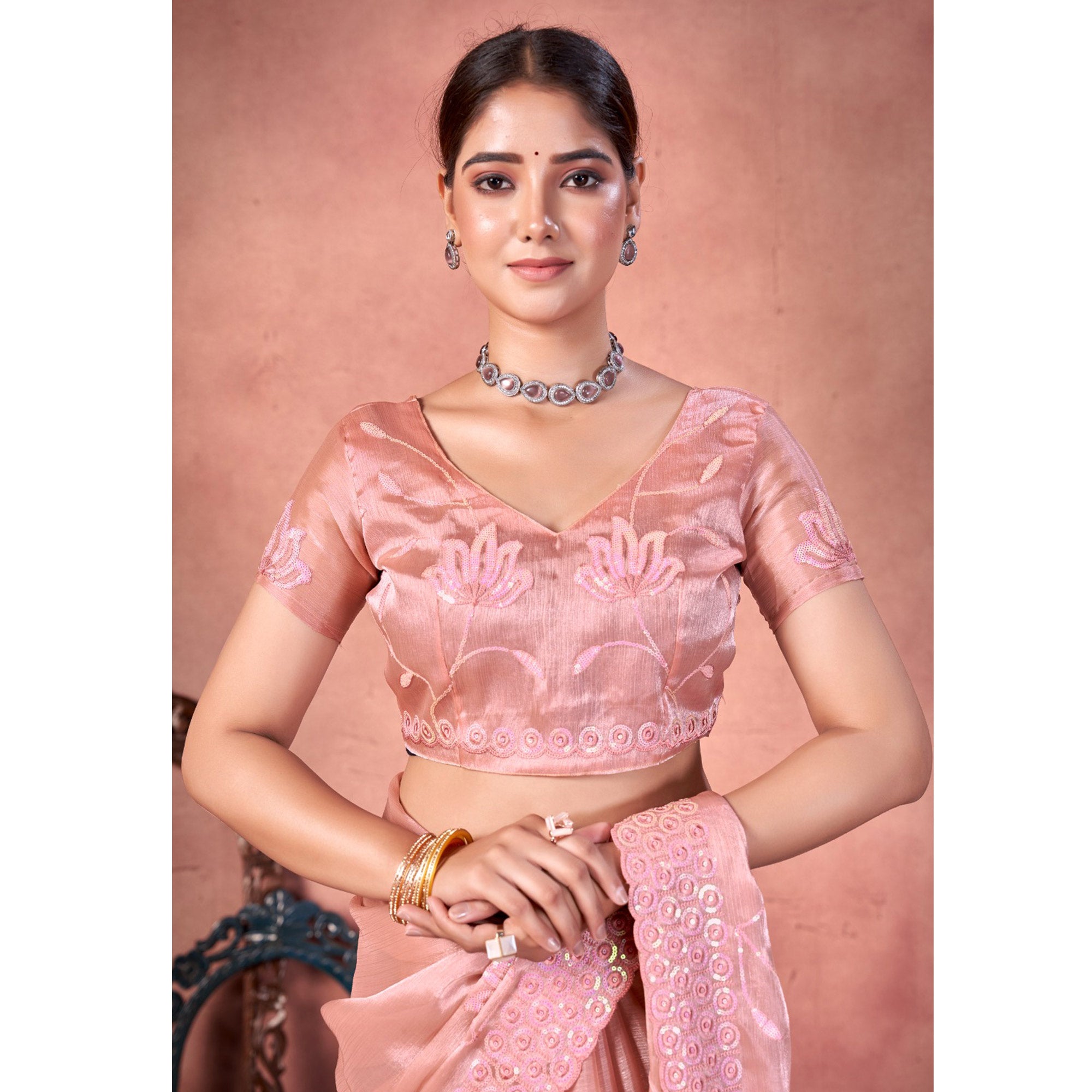 Peach Floral Sequins Embroidered chiffon Saree