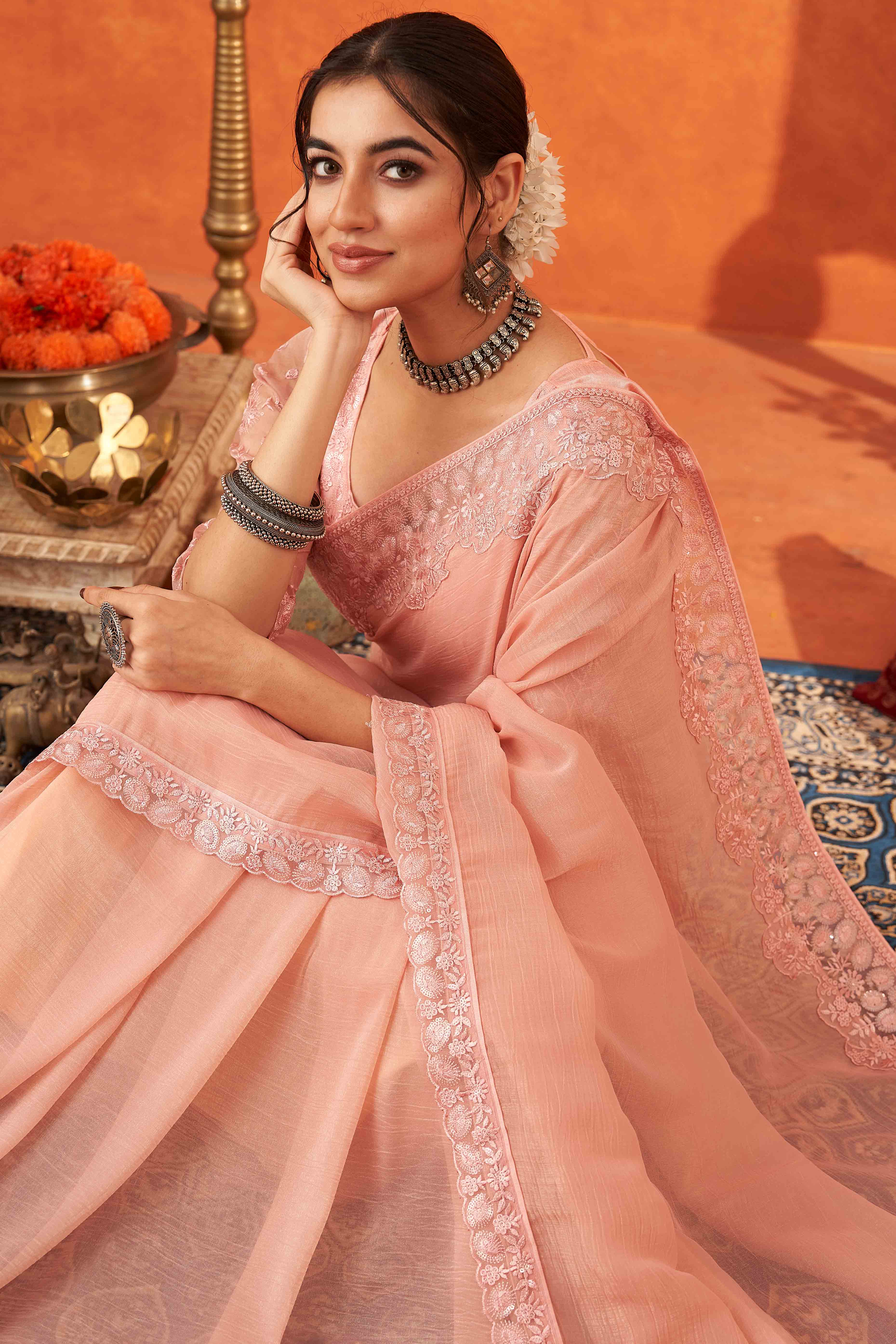 Peach Embroidered Crunchy Soft Net Saree With Embellished Border