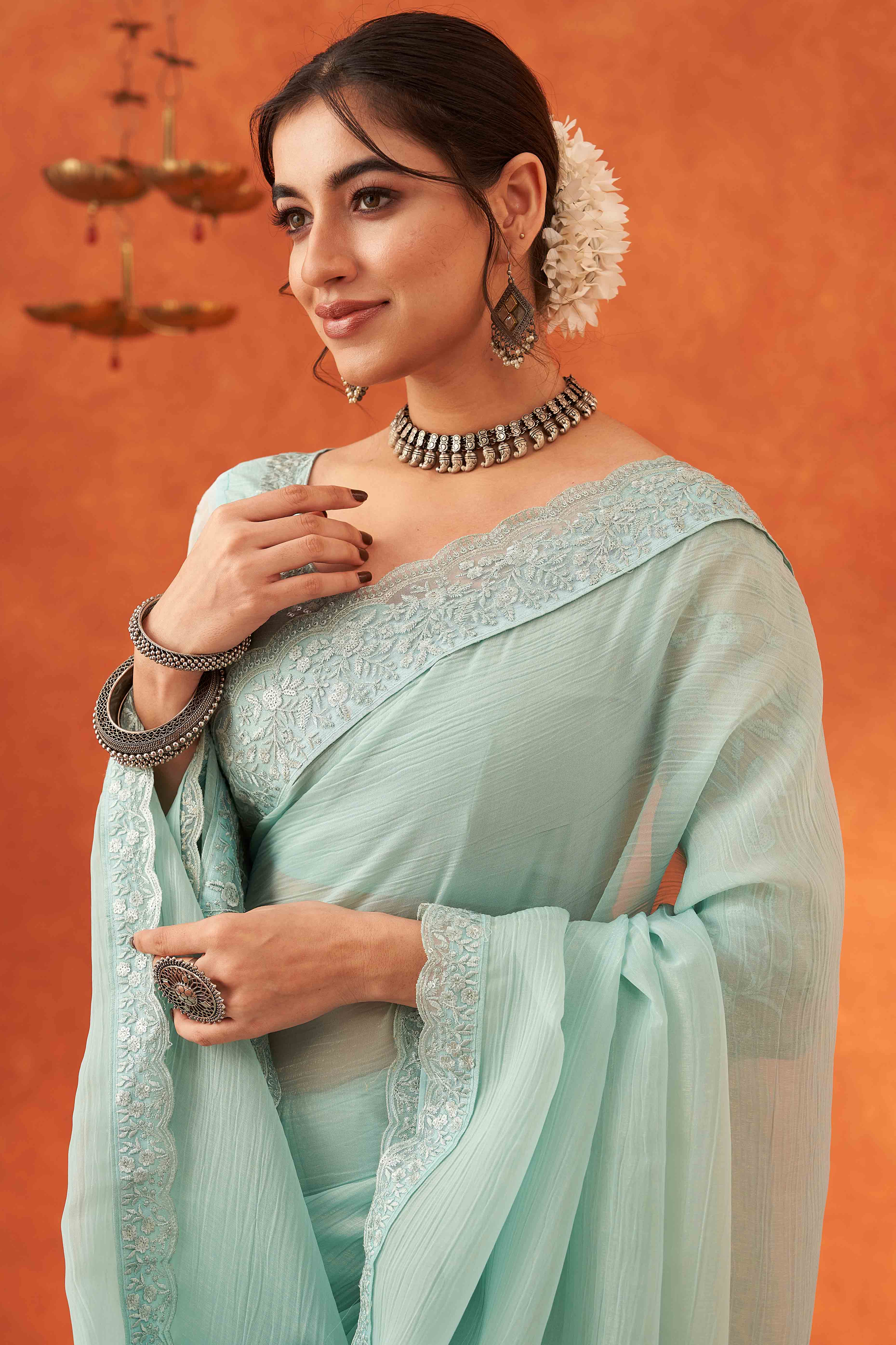 Mint Green Embroidered Crunchy Soft Net Saree With Embellished Border