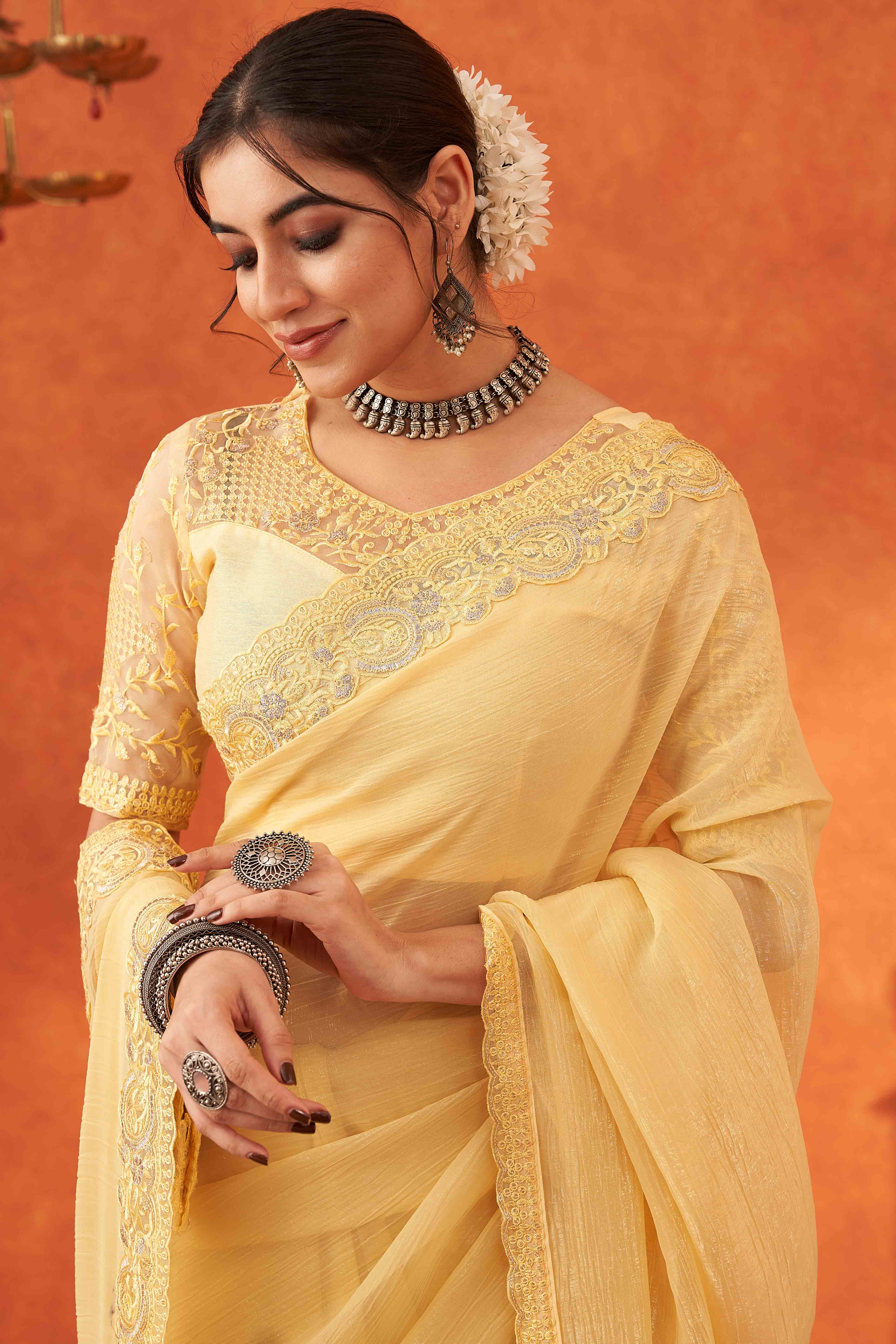 Yellow Embroidered Crunchy Soft Net Saree With Embellished Border