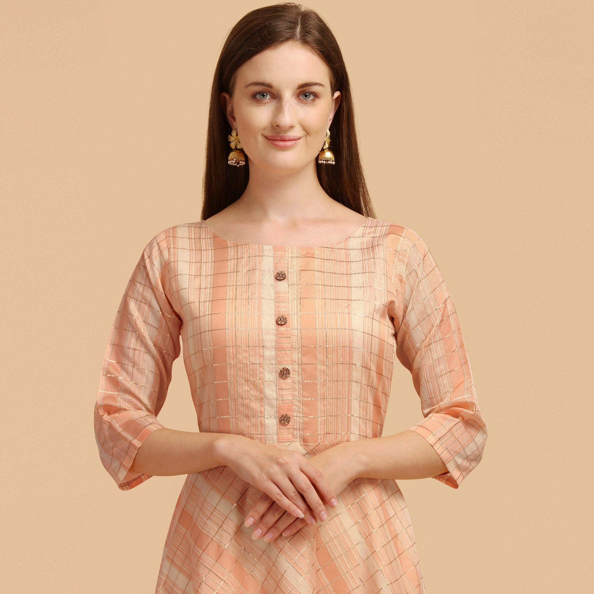 Peach Printed Chanderi Maxi Dress