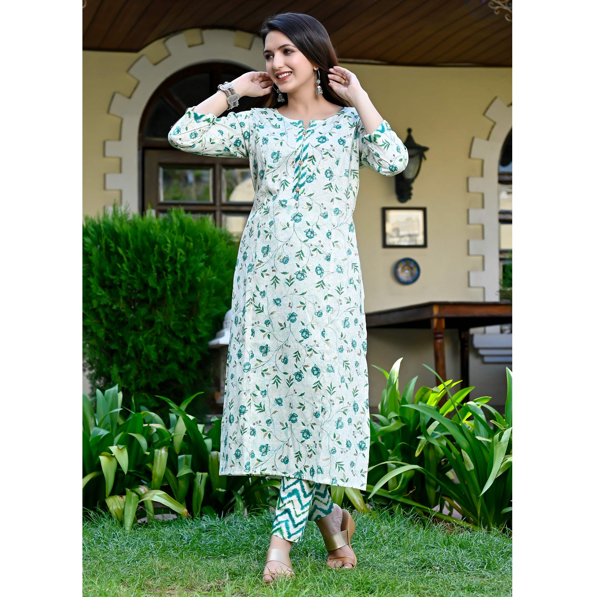 White And Green Floral Foil Printed Rayon Suit