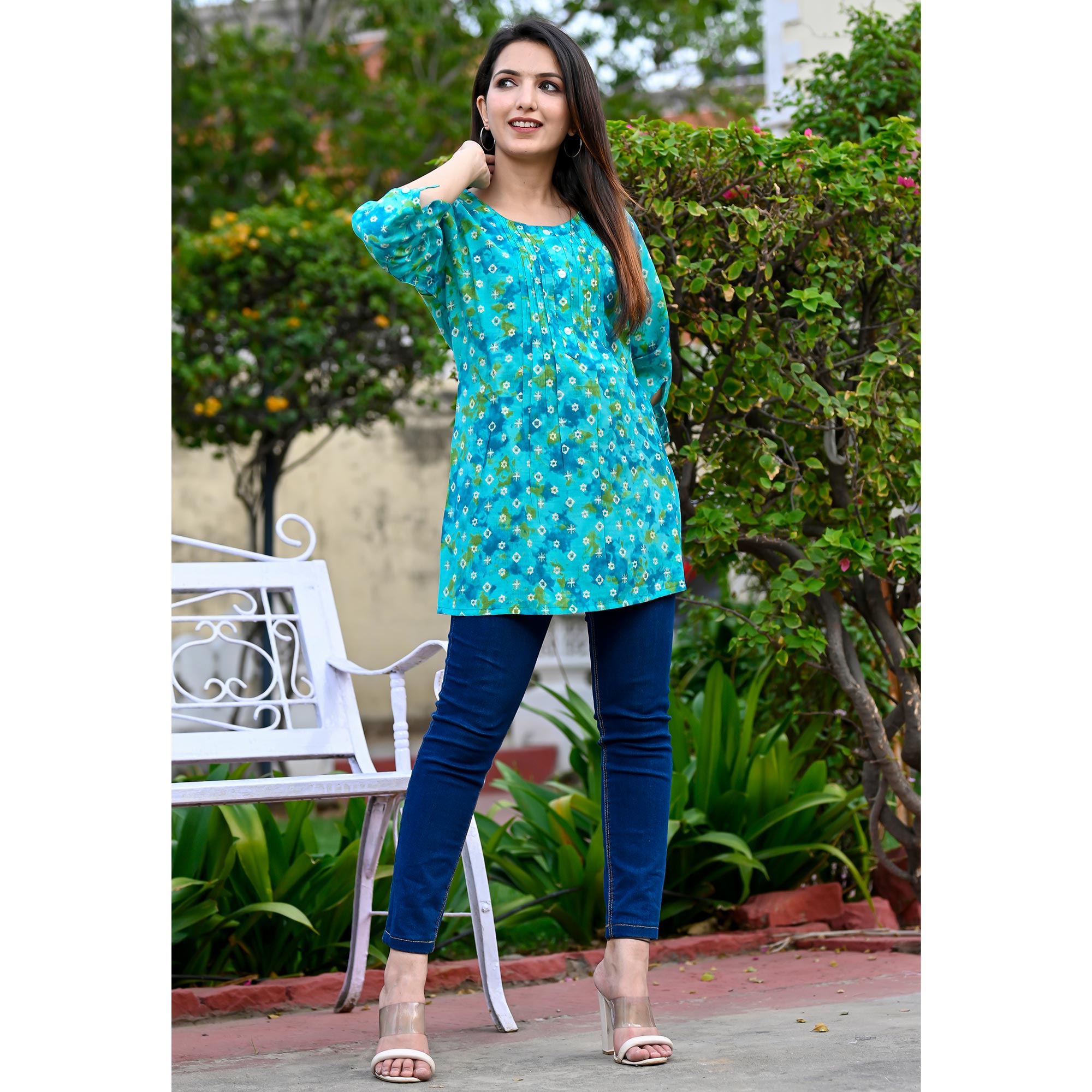 Turquoise Printed Chanderi Top