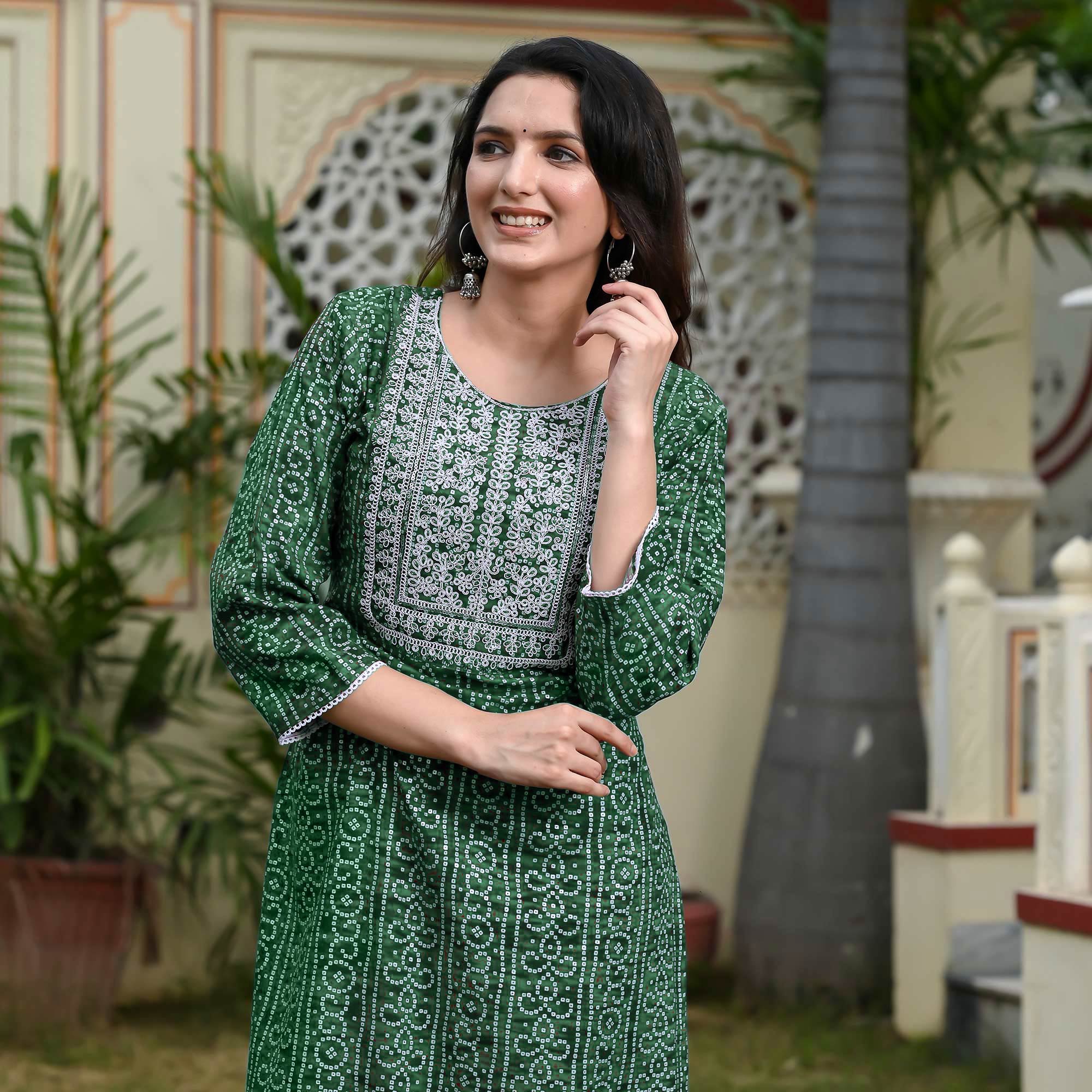 Green Foil Bandhani Printed With Embroidered Rayon Kurti