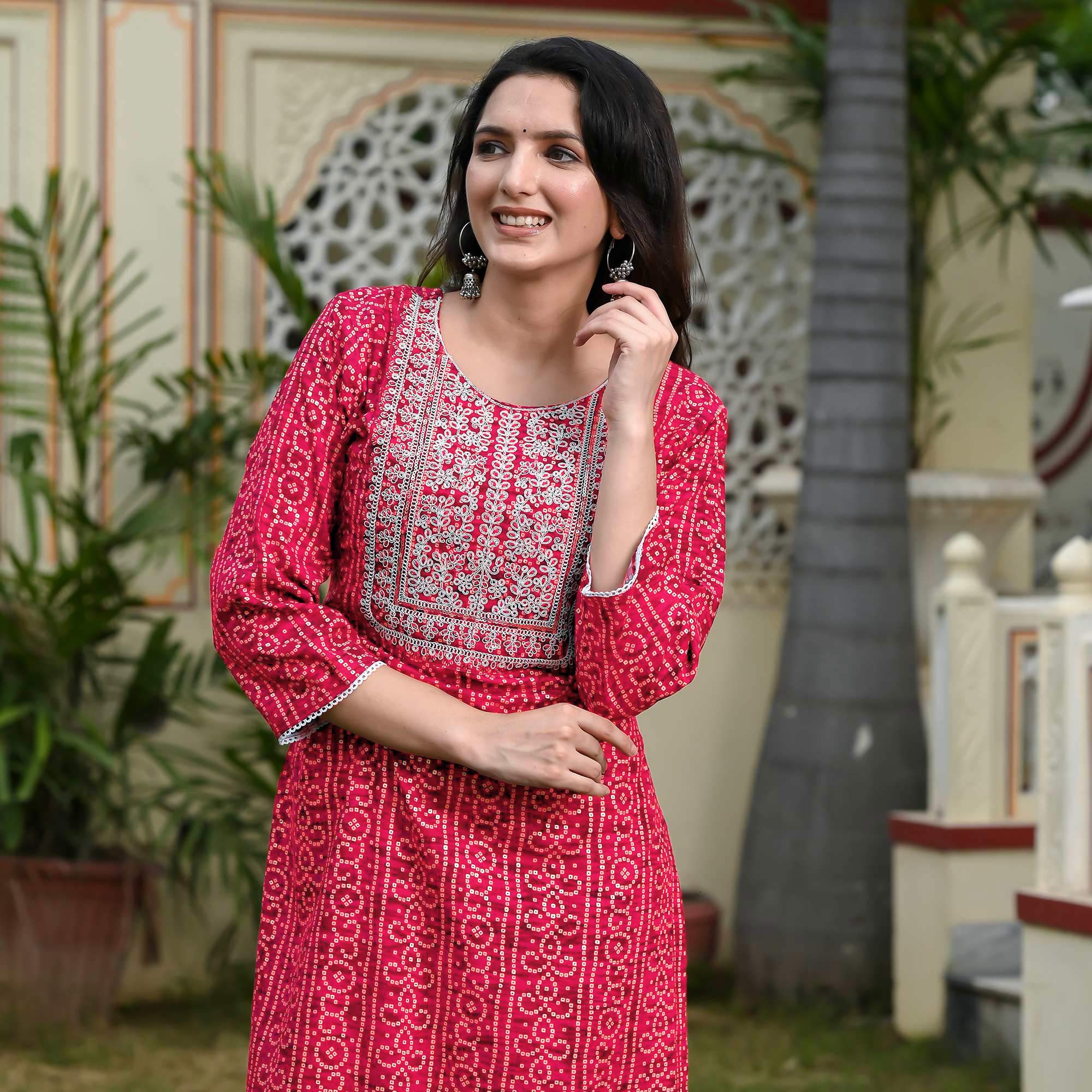 Red Foil Bandhani Printed With Embroidered Rayon Kurti