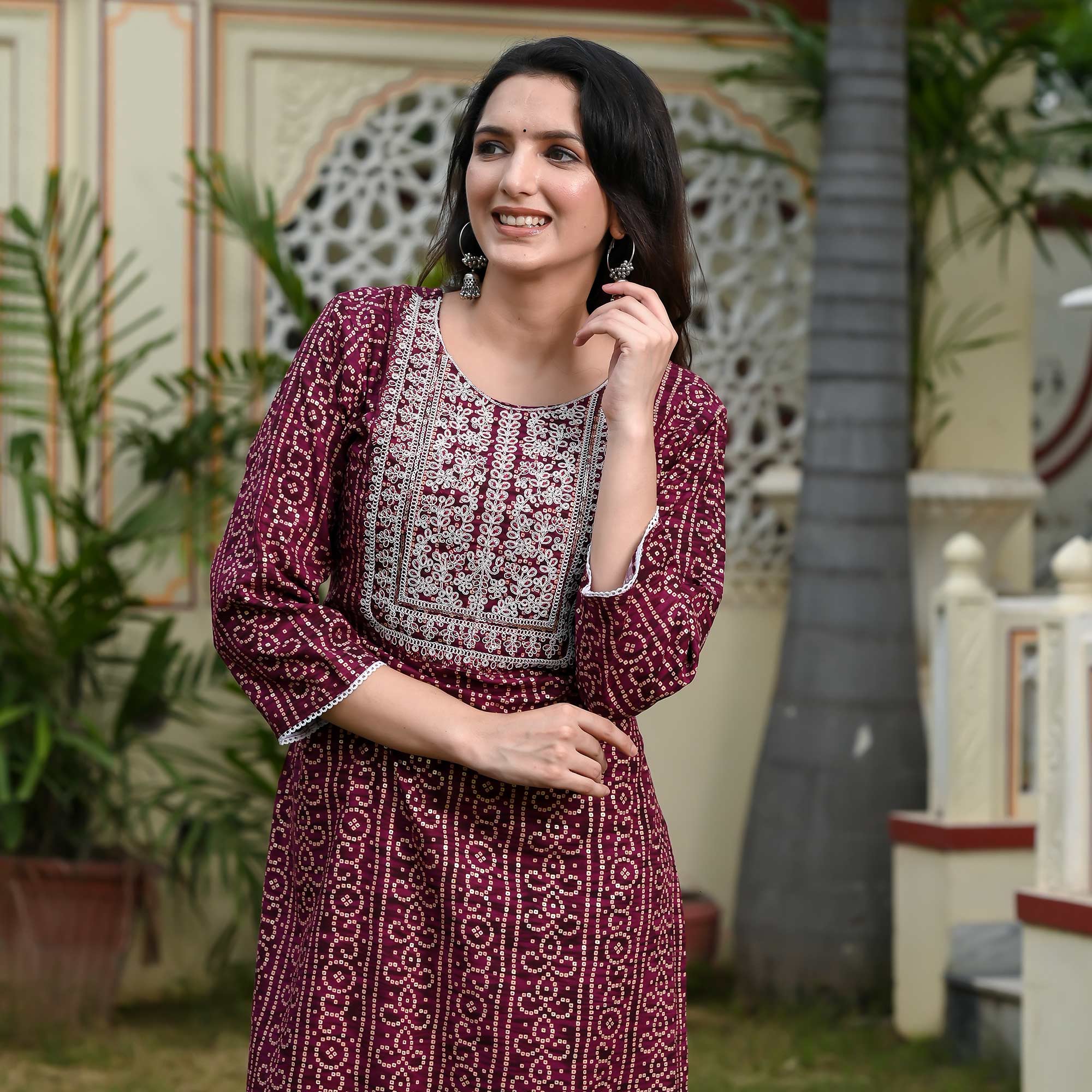 Wine Foil Bandhani Printed With Embroidered Rayon Kurti