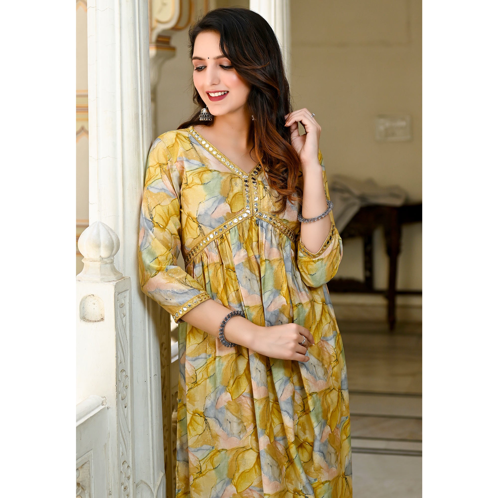 Yellow Printed Chanderi Alia Cut Kurti