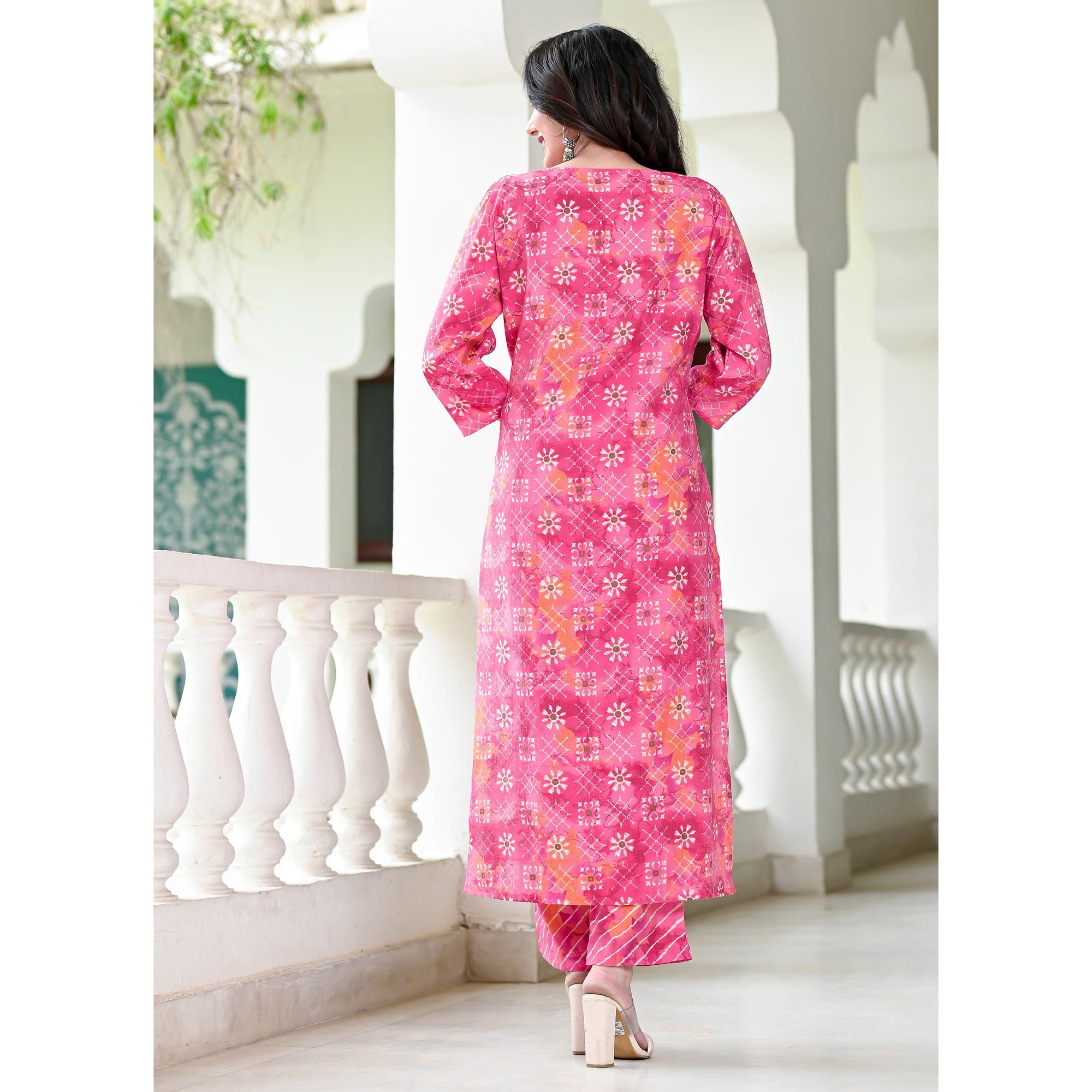 Pink Floral Printed Chanderi Suit