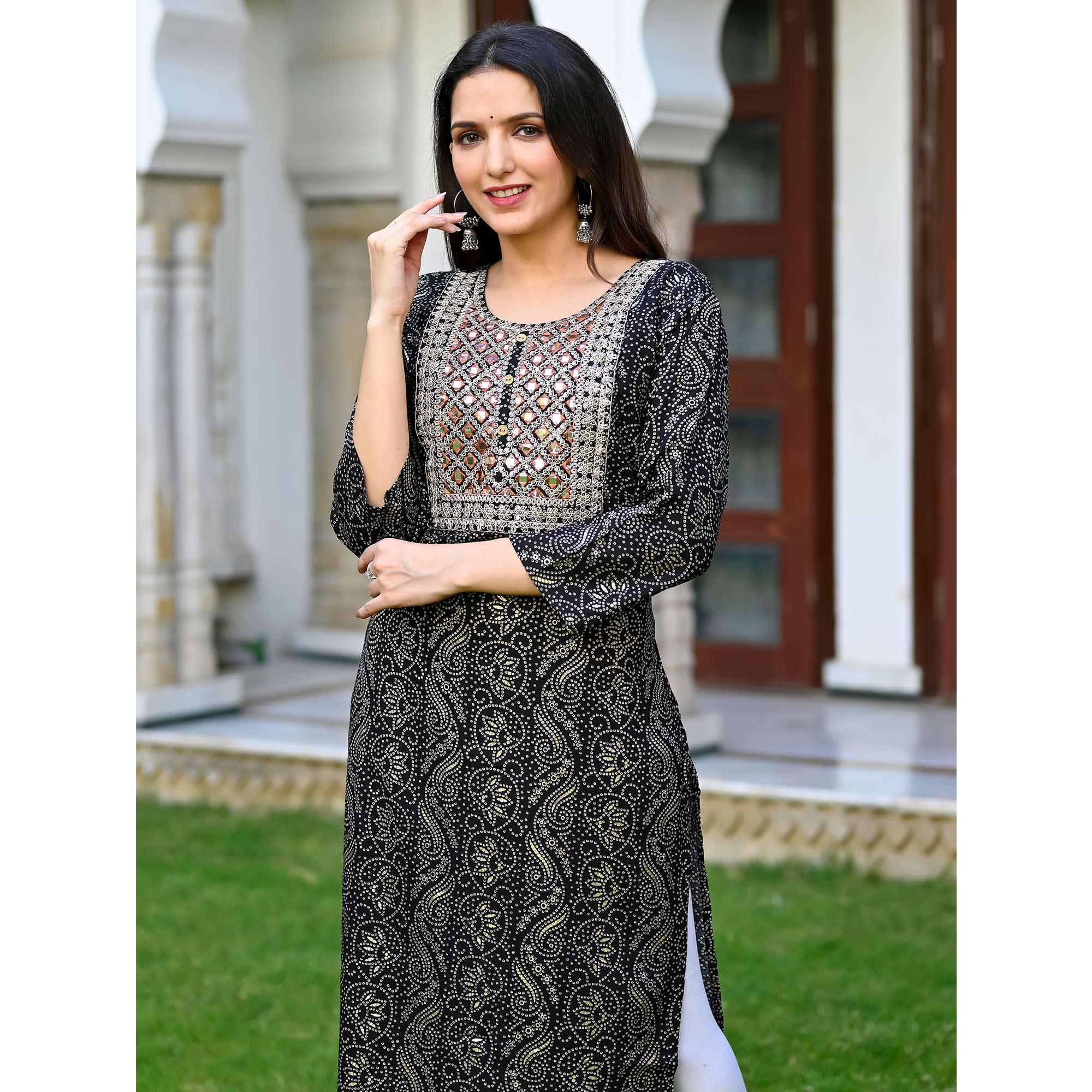Black Floral Foil Printed Rayon Kurti