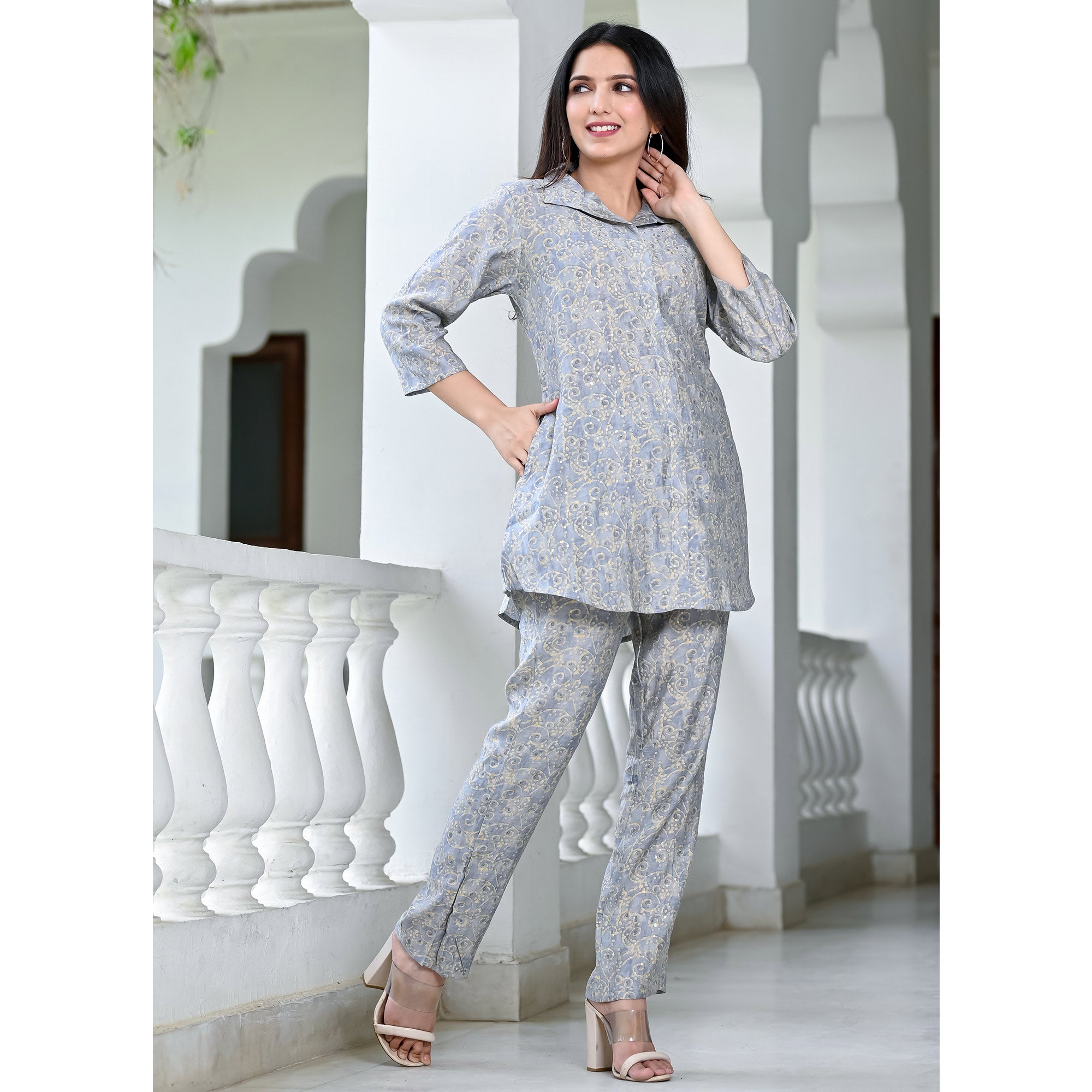 Grey Floral Printed Chanderi Co Ord Set
