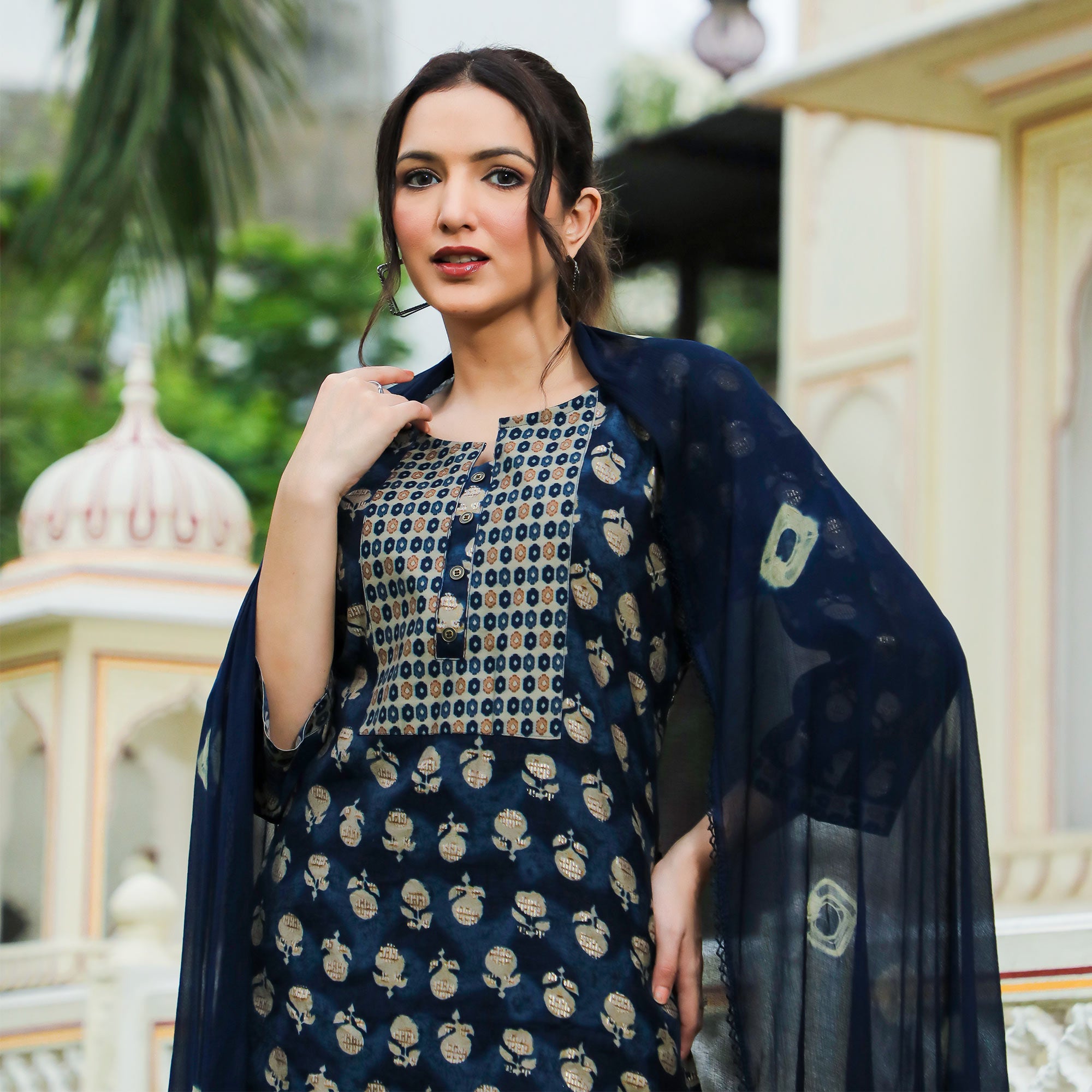 Blue Floral Foil Printed Modal Suit