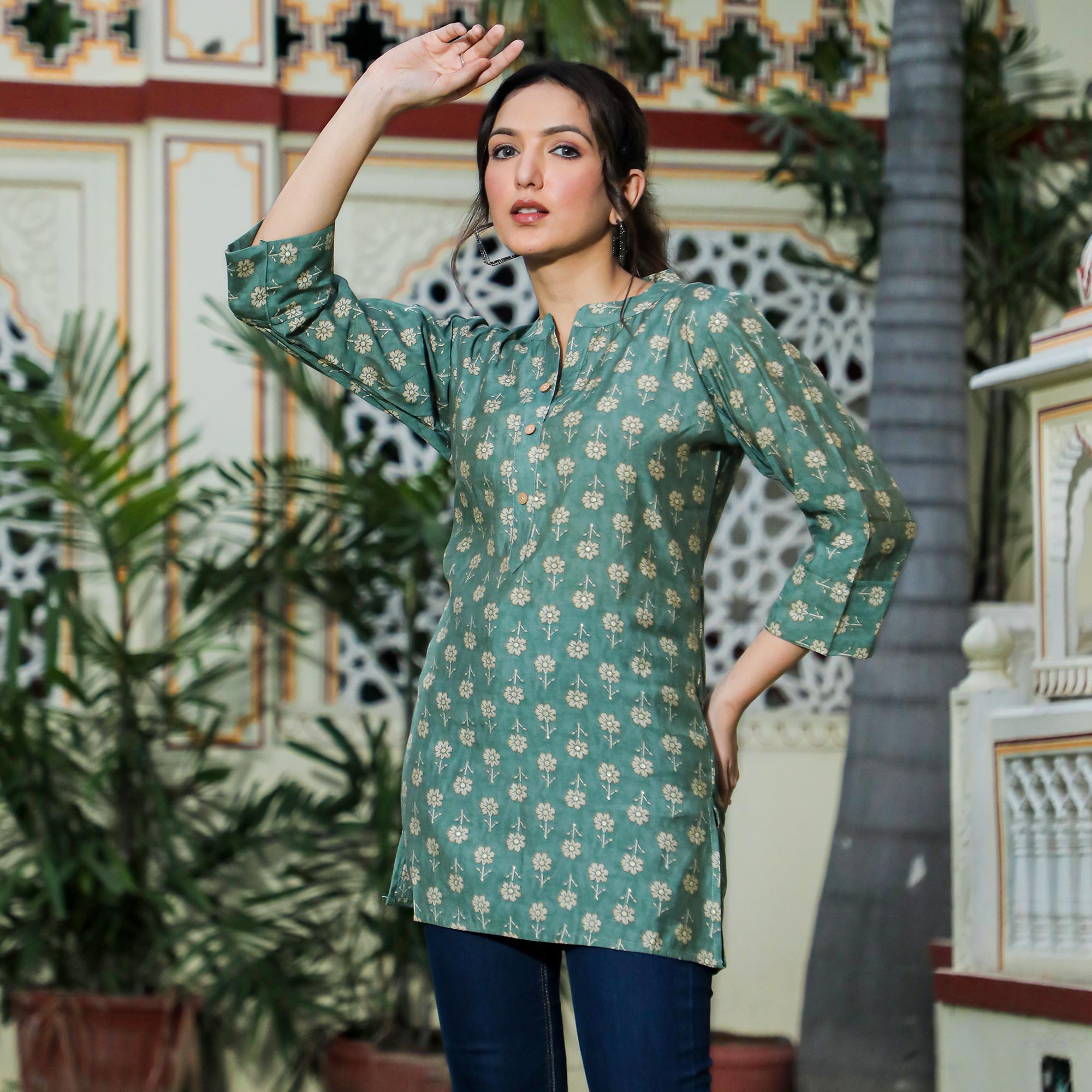 Green Floral Foil Printed Chanderi Top