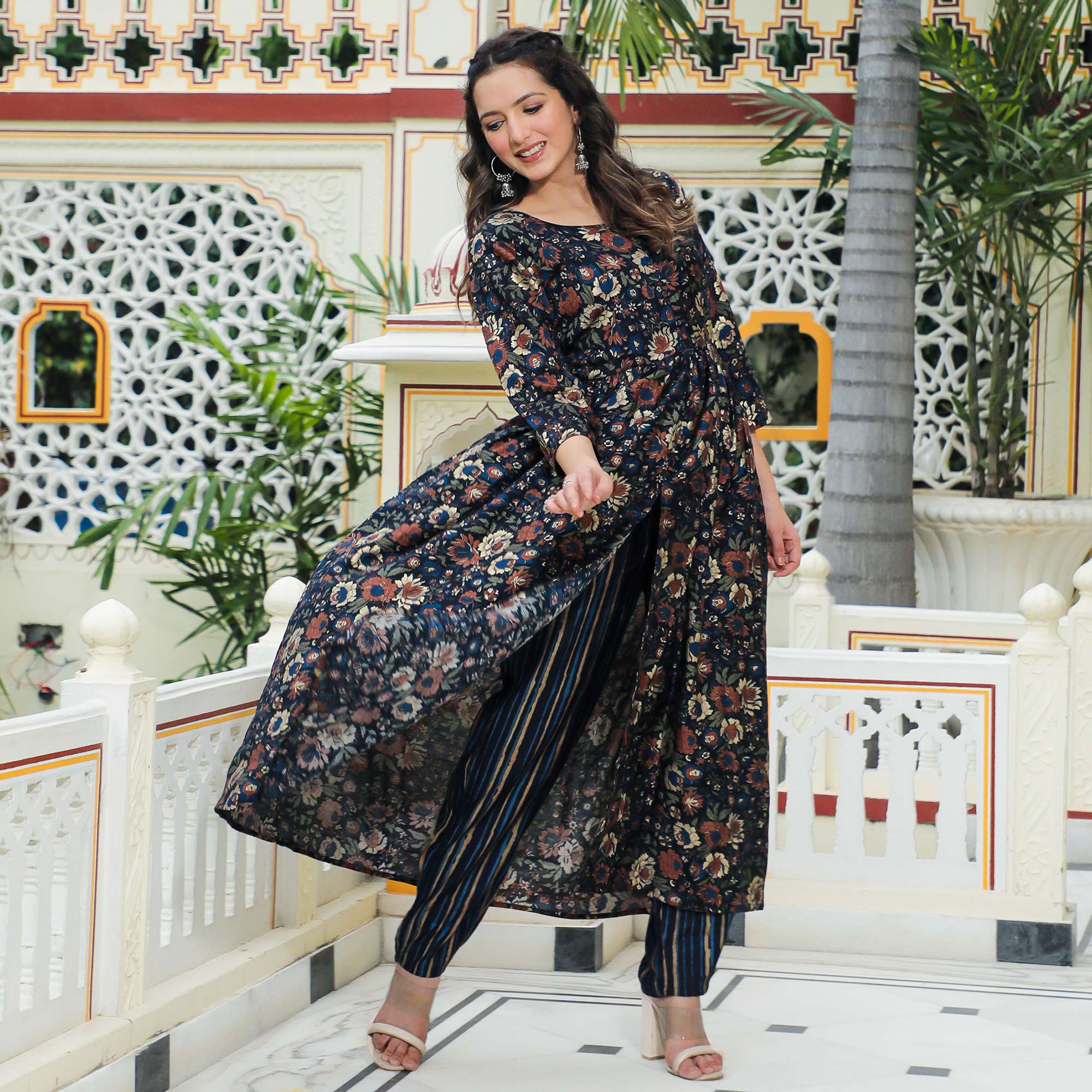 Blue Floral Foil Printed Chanderi Suit