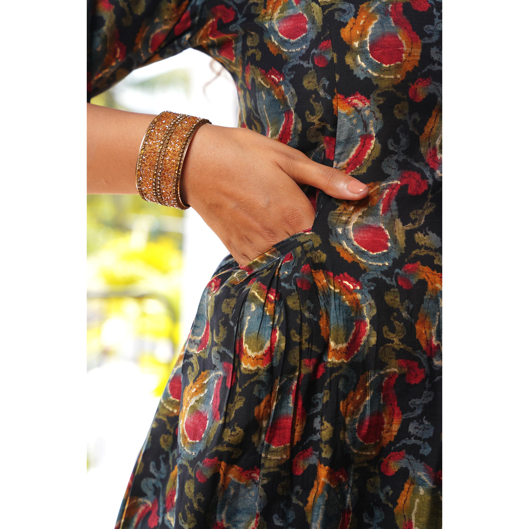Black Paisley Printed Chanderi A-Line Dress