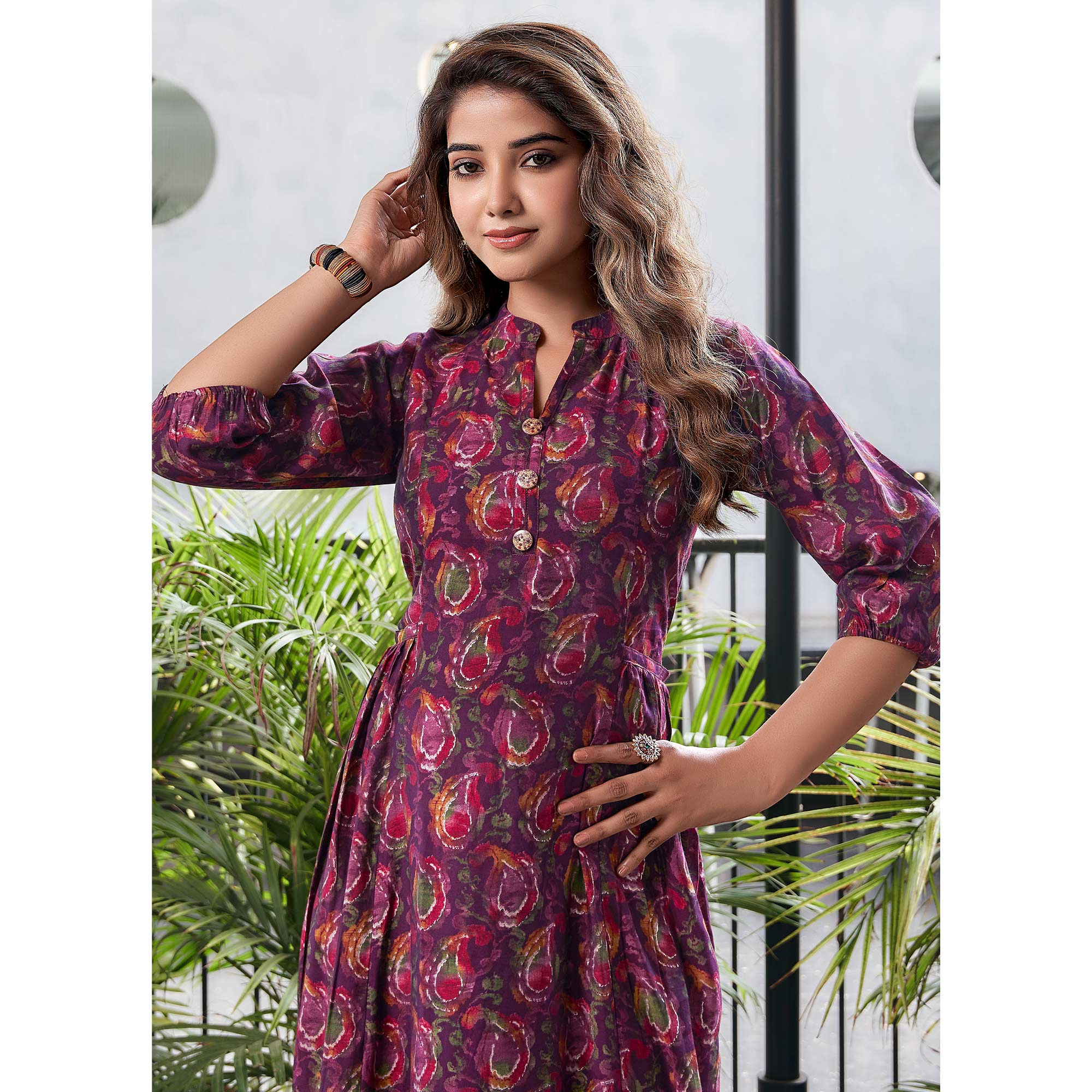 Wine Paisley Printed Chanderi A-Line Dress