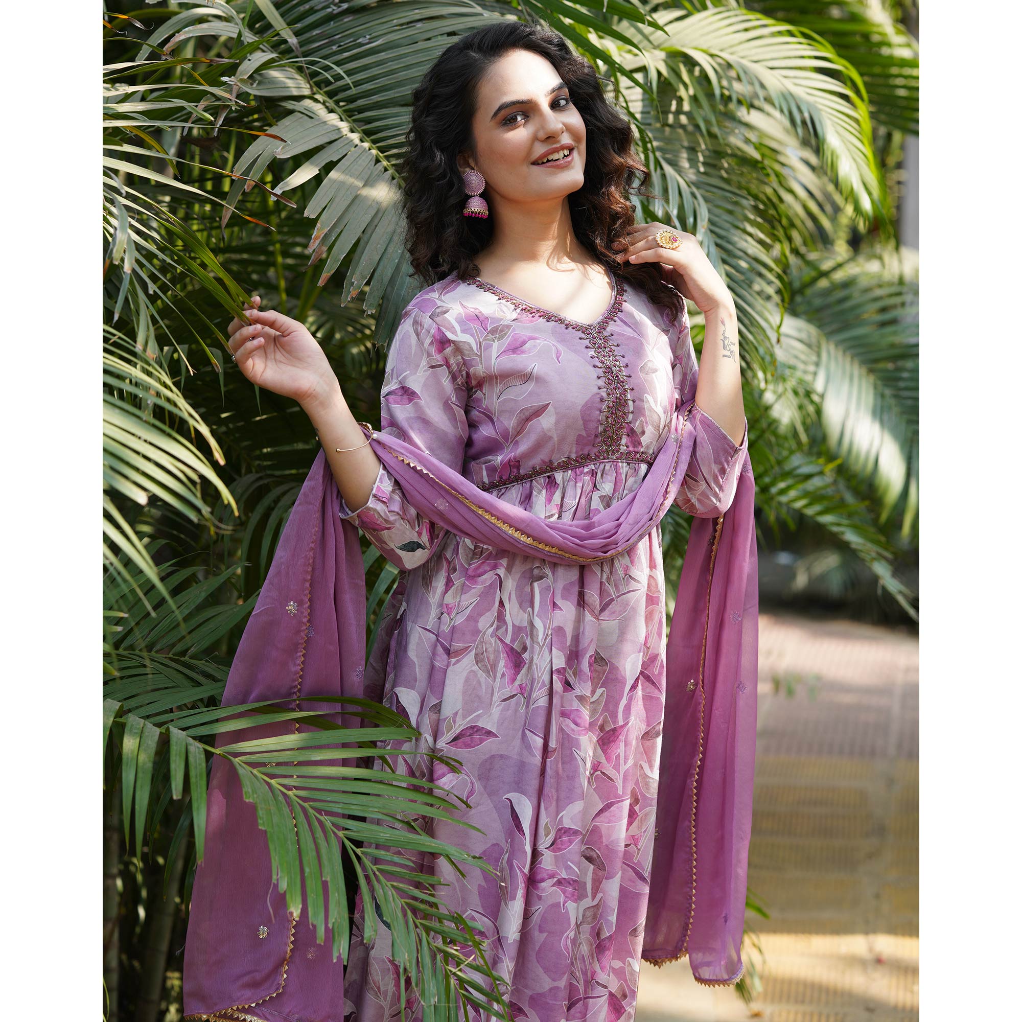 Lavender Muslin Digital Printed Alia Cut Suit With Beads Handcraft