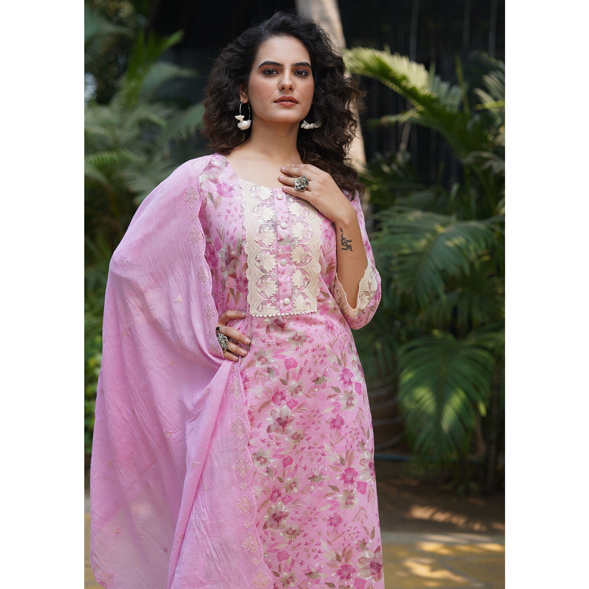 Pink Straight Pure Cotton Suit With Foil Print & Yoke Embroidery