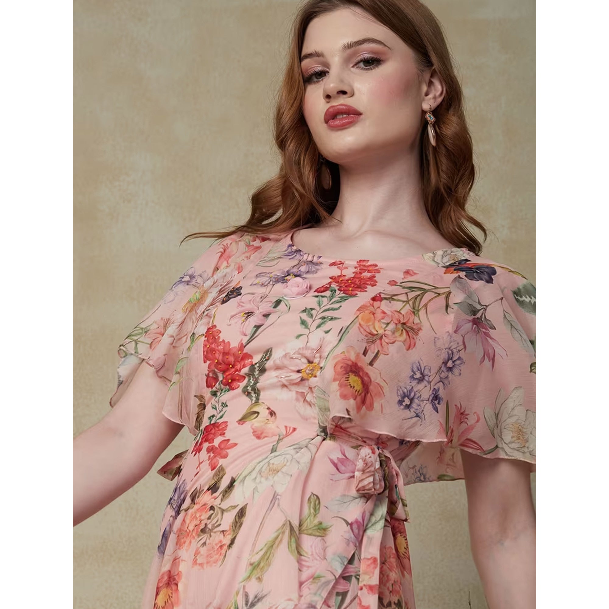 Peach Floral Printed A-Line Chiffon Dress