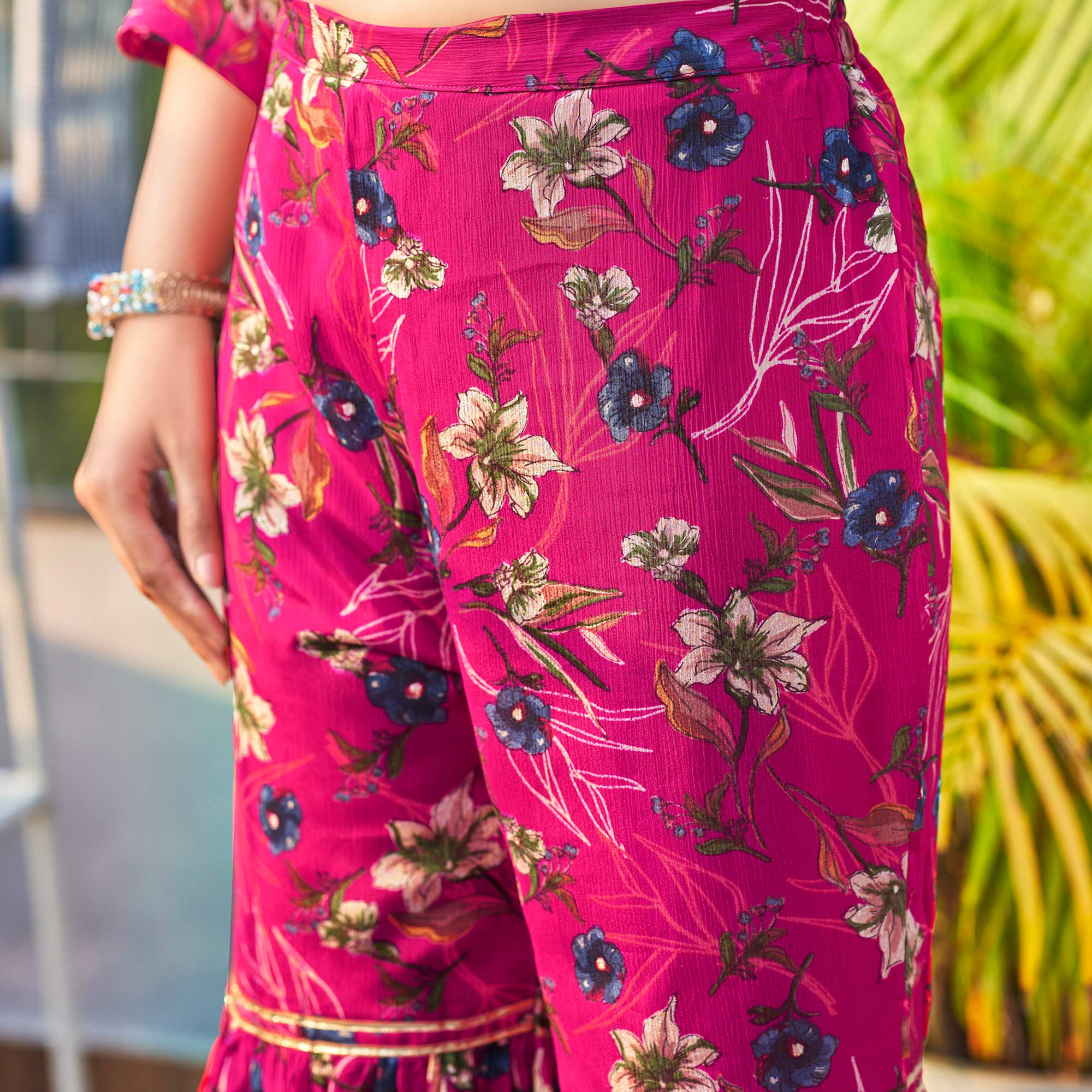 Pink Chinon Floral Printed Alia Cut Sharara Suit With Beads Handcraft