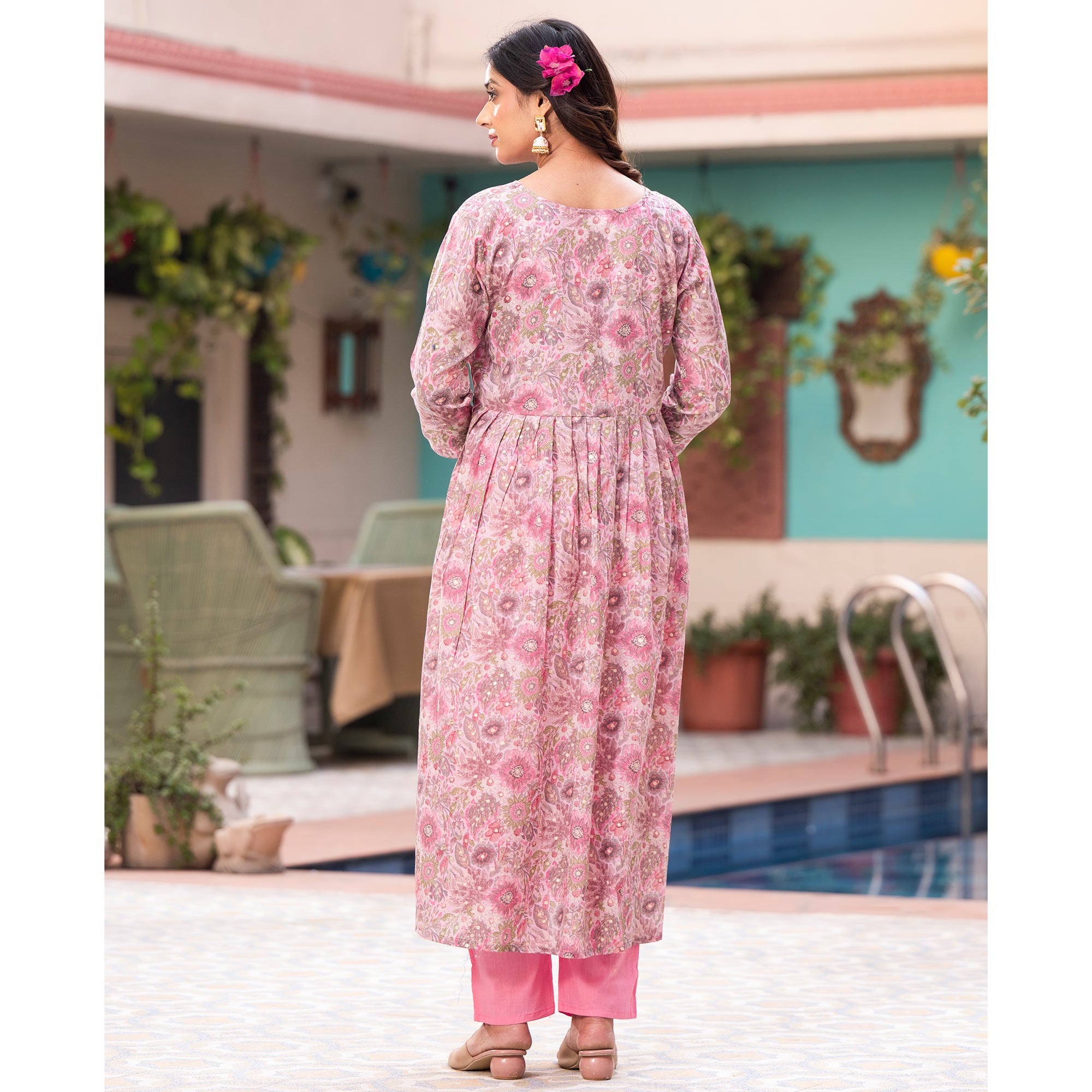 Pink Naira Cut Mulmul Cotton Suit with Handcrafted & Foil Print